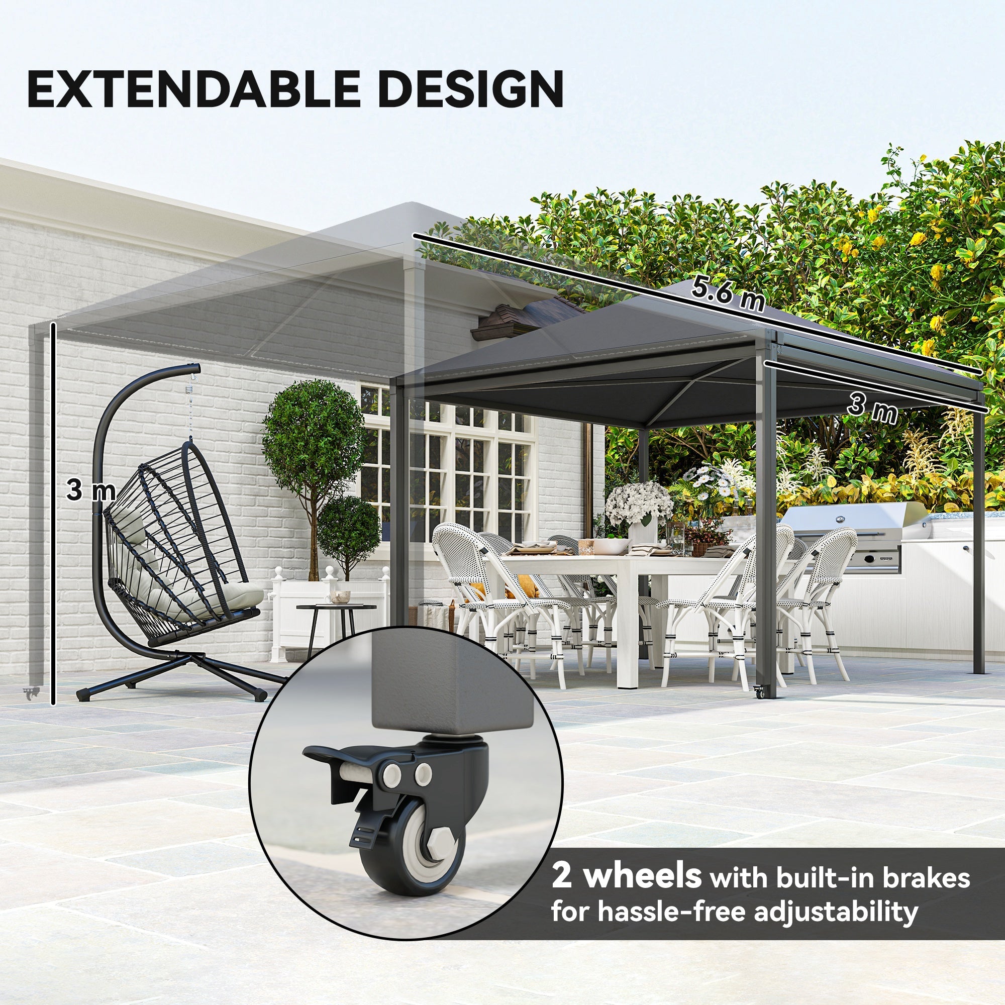 Outsunny 3 x 3 or 3 x 6m Garden Gazebo with Extendable Awning and Wheels, UPF30+ Outdoor Metal Gazebo Canopy Shelter for BBQ, Event, Party