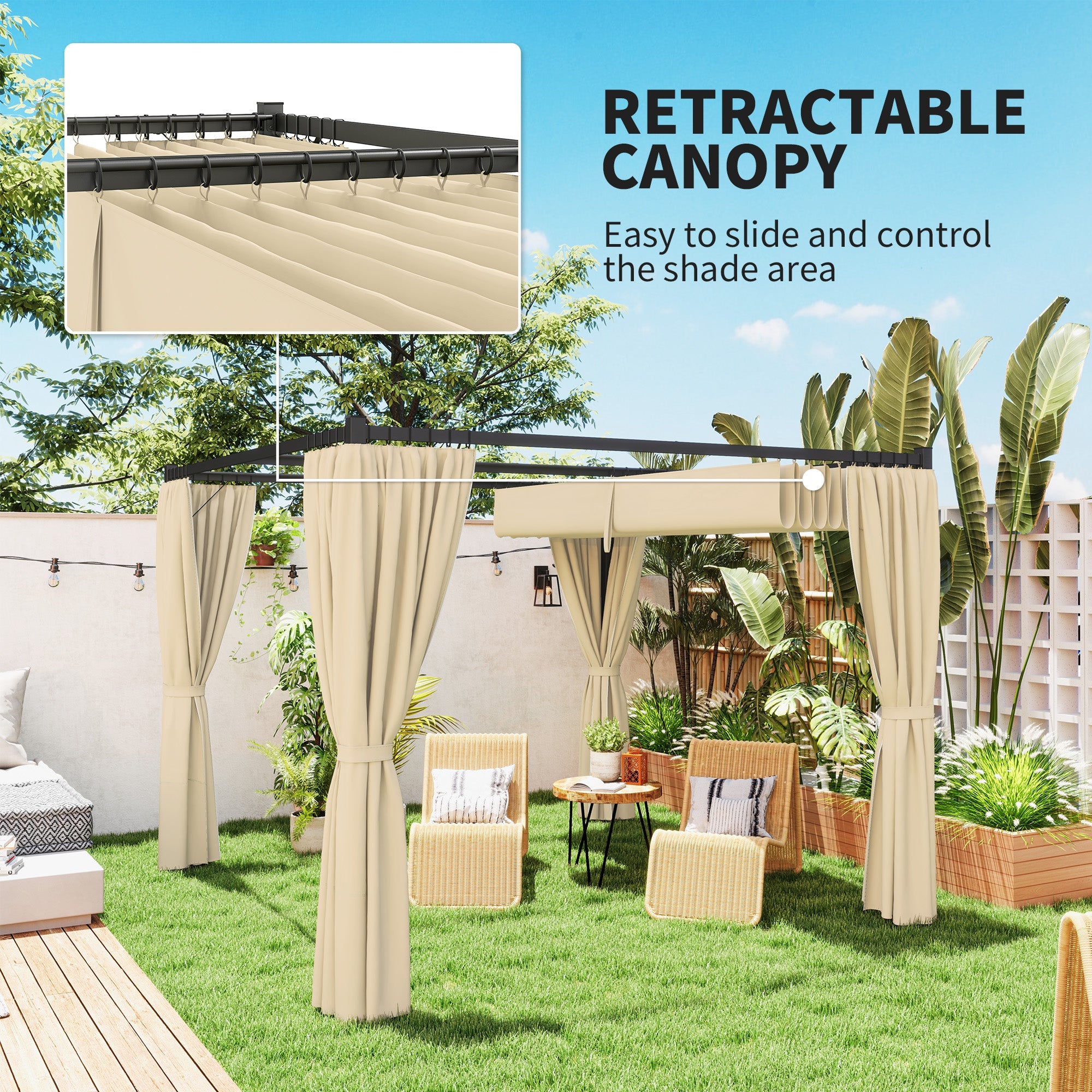 Outsunny 3 x 3m Retractable Roof Pergola, with Curtains - Khaki