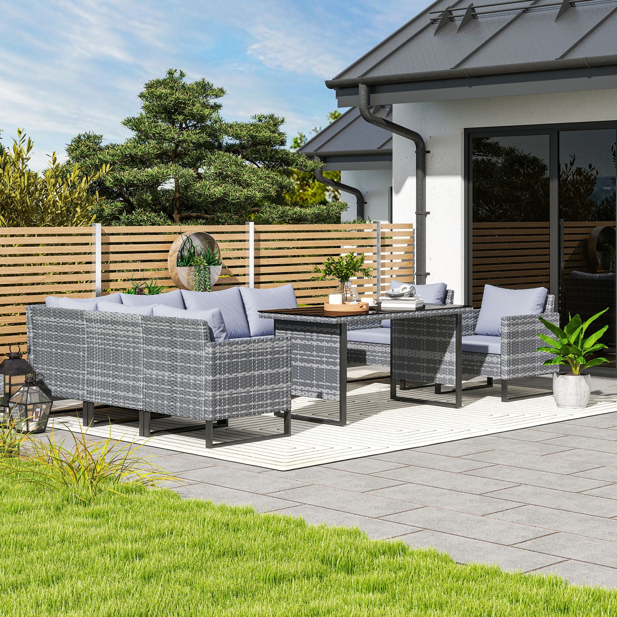 Outsunny 9 Piece Rattan Garden Furniture Set, 8 Seater Garden Corner Sofa with Cushions and Glass Top Table, Sectional Outdoor Furniture Conservatory Set for Patio, Light Grey