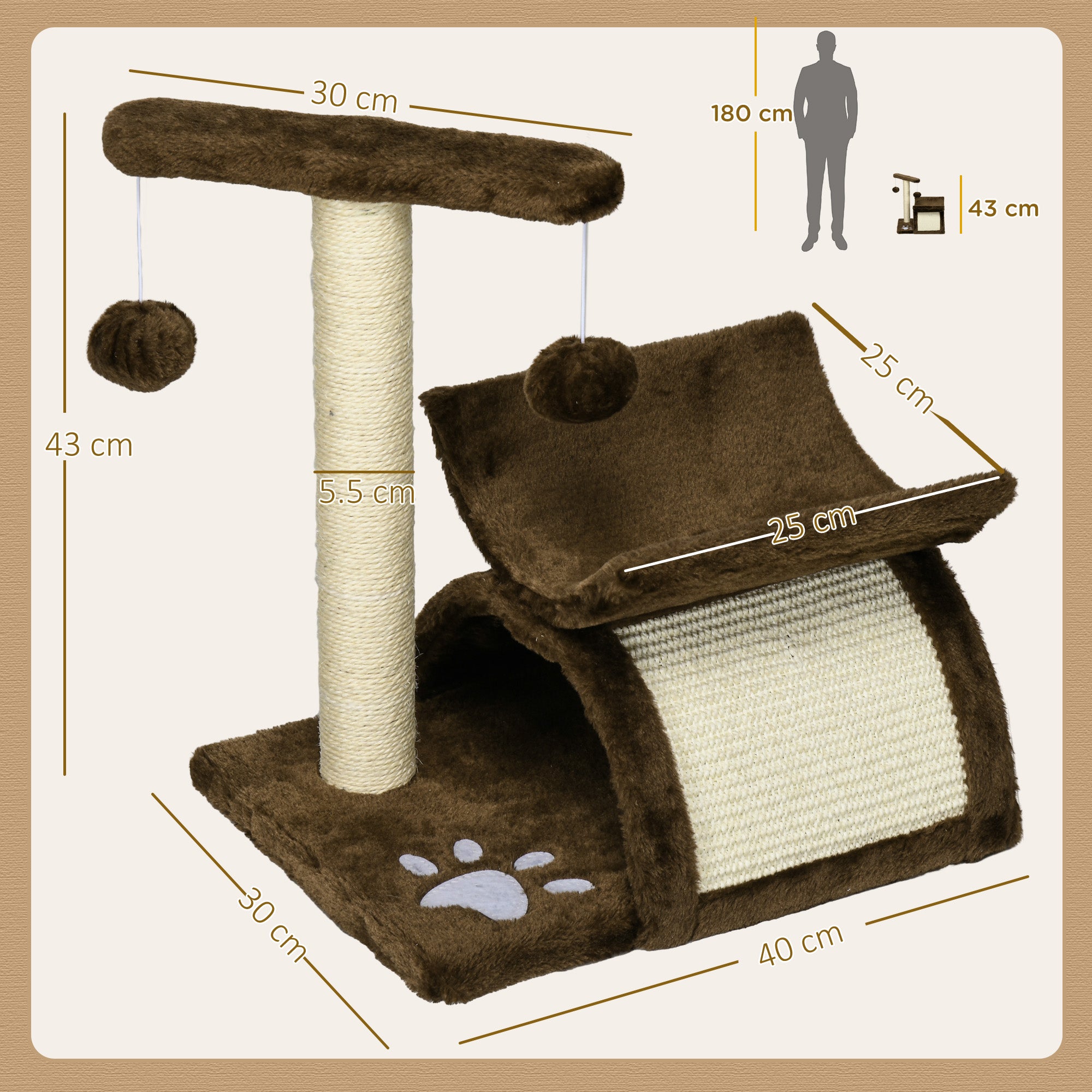 PawHut Cat Tree, Cat Tower for Kittens, Small Cat Condo with Rotatable Top Bar, Sisal Scratching Post, Tunnel, Dangling Balls - Brown