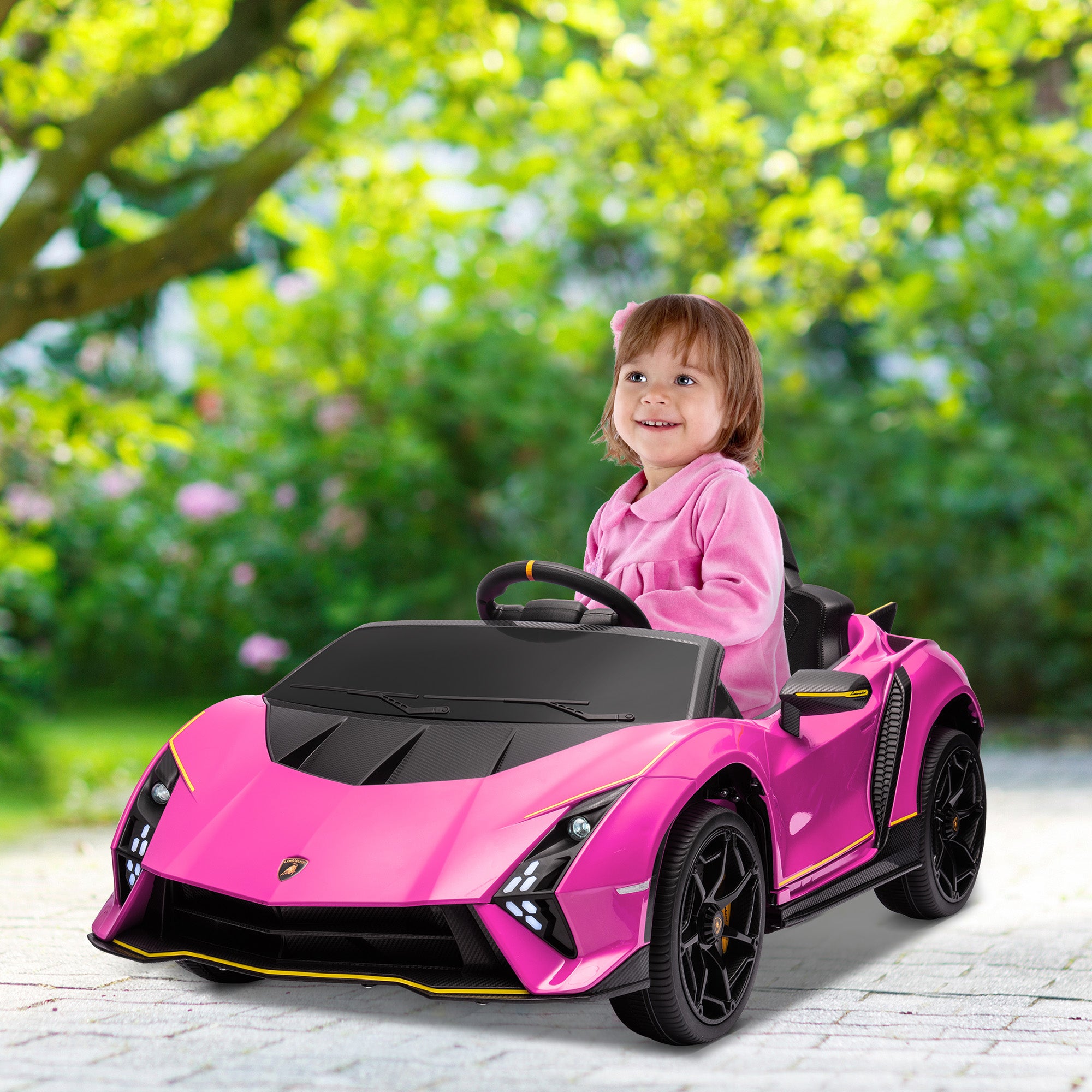 AIYAPLAY 12V Lamborghini Autentica Licensed Kids Electric Car with Remote Control, Four Suspension Wheels, Soft Start, Pink