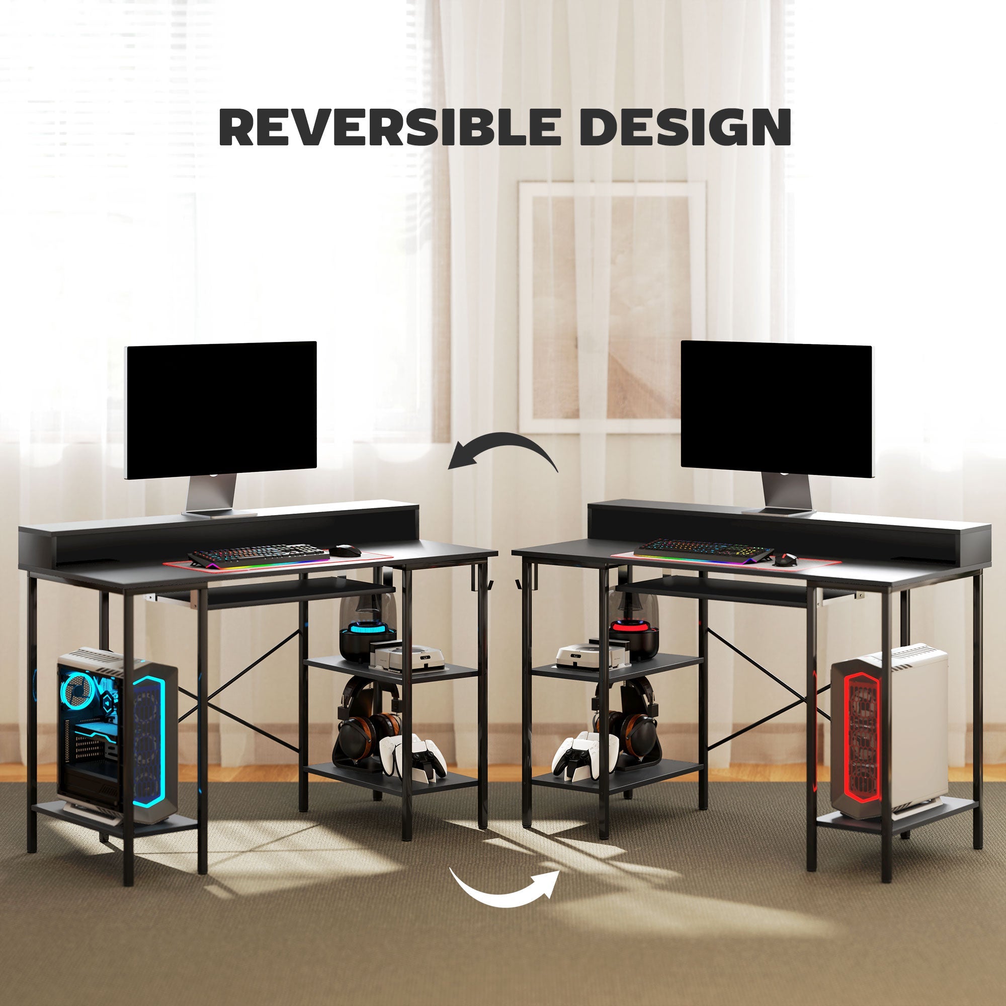 HOMCOM Computer Desk with LED Lights and Power Outlets, 120 x 55 cm Reversible Gaming Desk with Monitor Stand, Sliding Keyboard Tray and Storage Shelves for Home Office, Black