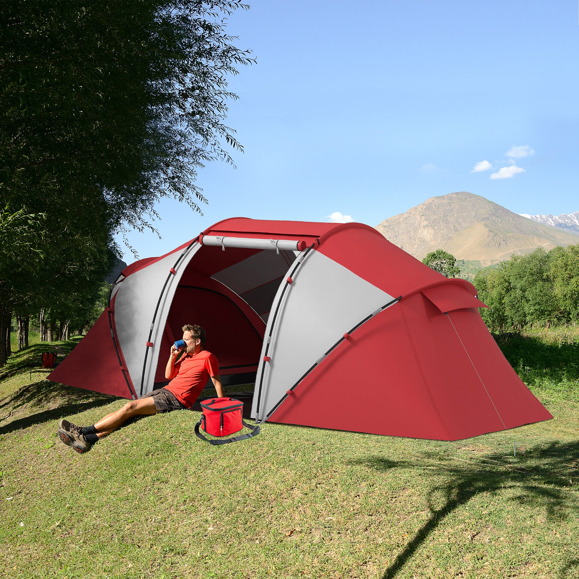 Outsunny 4-6 Man UV Protection Camping Tent - Grey and Red