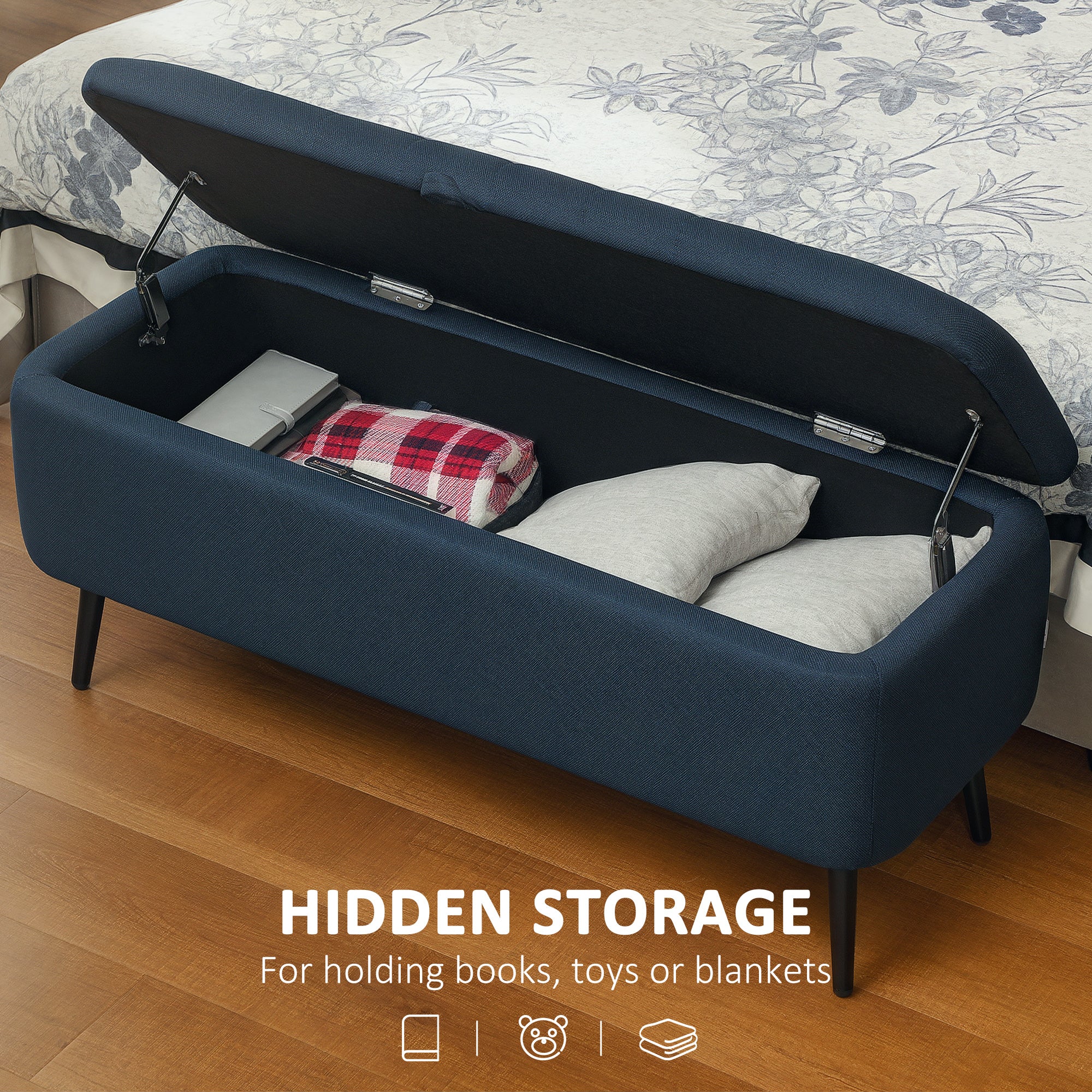 HOMCOM 92 x 31cm Linen-Look Storage Ottoman - Dark Blue