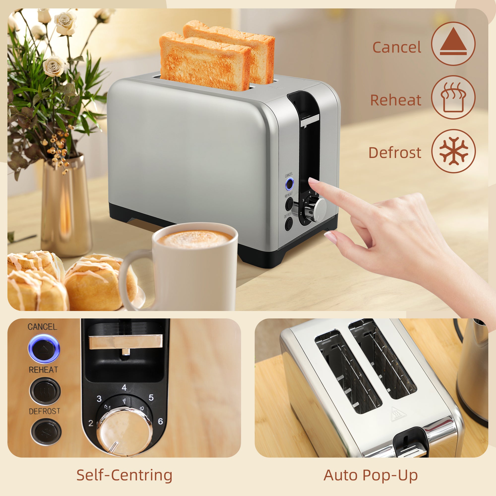 HOMCOM Simple Polished Toaster and Kettle Set - Silver Tone