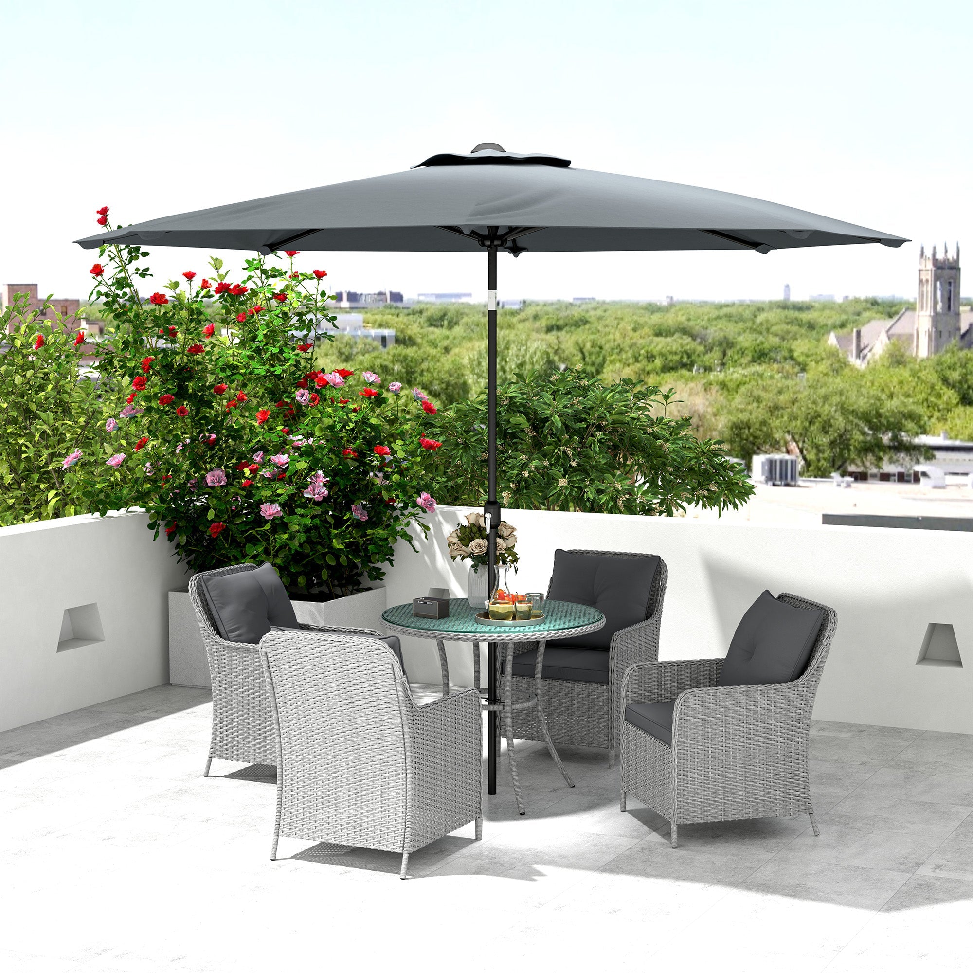 Outsunny 4 Seater Rattan Dining Set with Parasol & Cushions - Light Grey