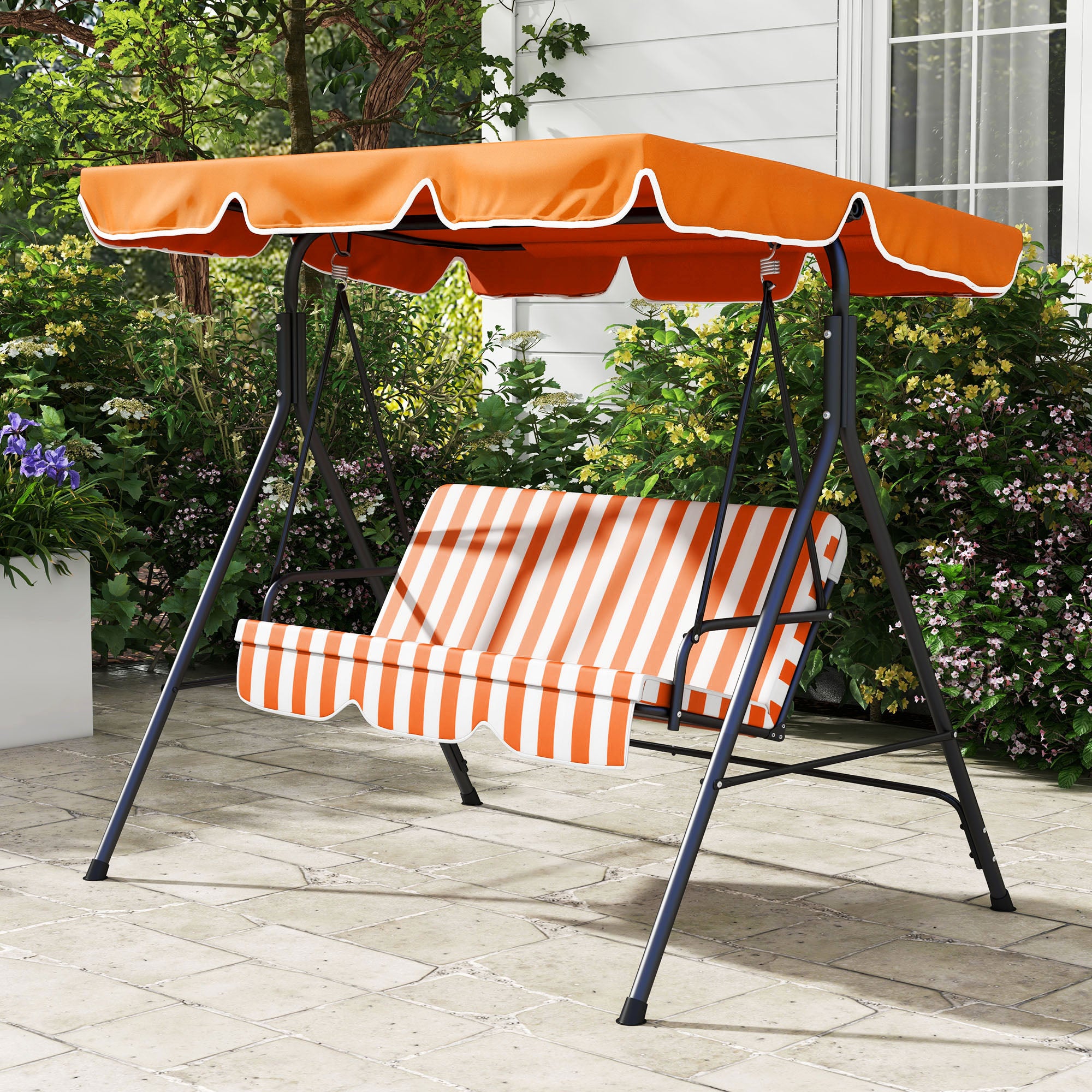 Outsunny Three-Seater Garden Swing Chair, with Adjustable Canopy - Orange Stripe