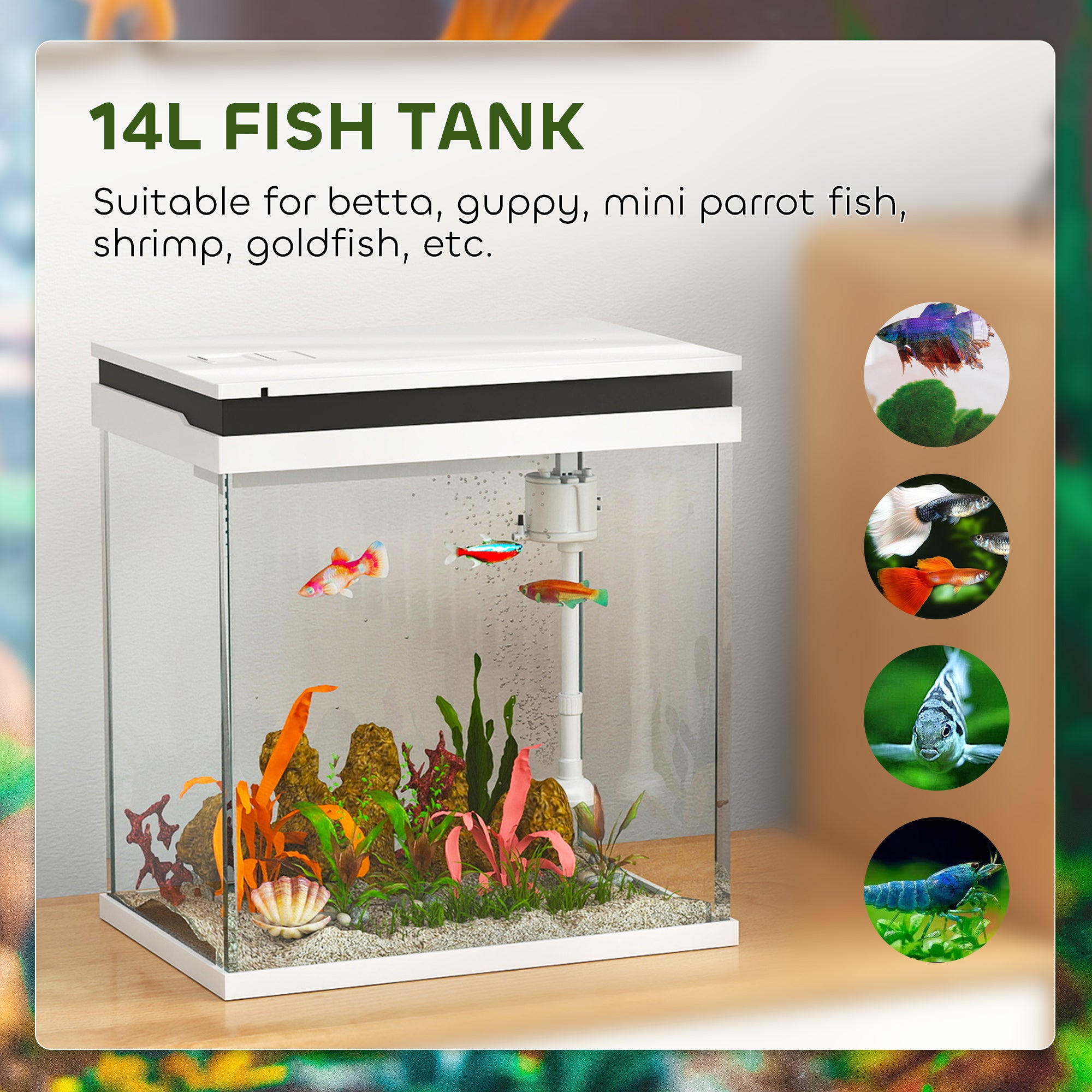 PawHut 14L Glass Fish Tank with Filter System, LED Lights, Water Pump, White