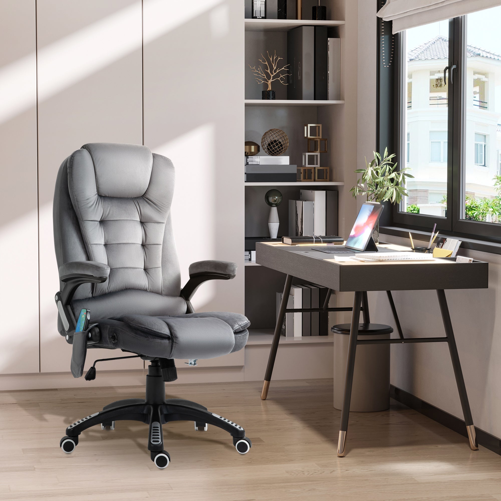 Vinsetto Massage Recliner Chair Heated Office Chair with Six Massage Points Velvet-Feel Fabric 360\'c2\'b0 Swivel Wheels Grey