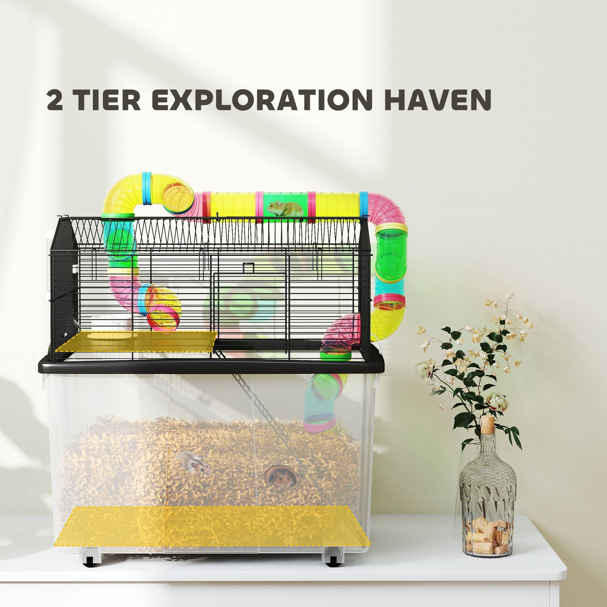 PawHut 2 Tier Hamster Cage with 31cm Deep Tray, Tube System, Water Bottle, Ramp, Feeding Bowl, 58 x 43 x 57cm, Multicolour