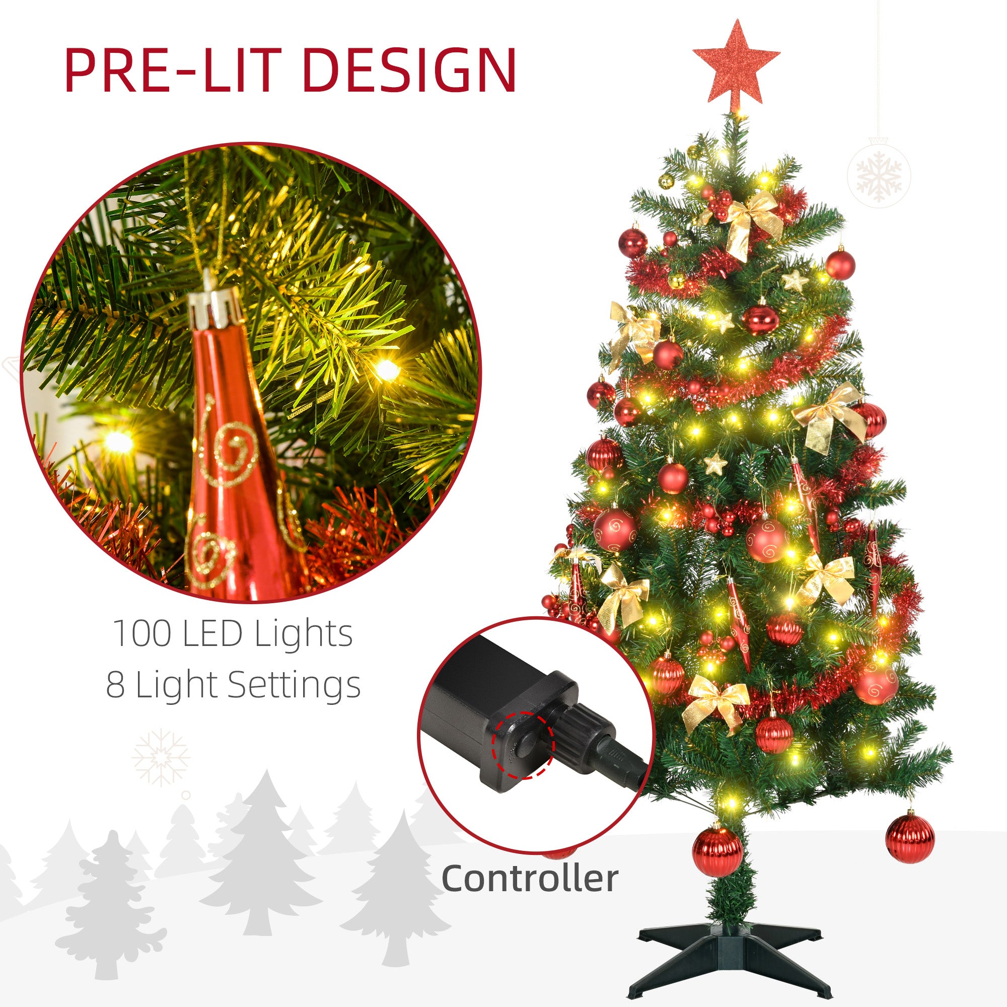 HOMCOM 5' Artificial Prelit Christmas Trees Holiday D\'c3\'a9cor with Warm White LED Lights, Auto Open, Tinsel, Ball, Star