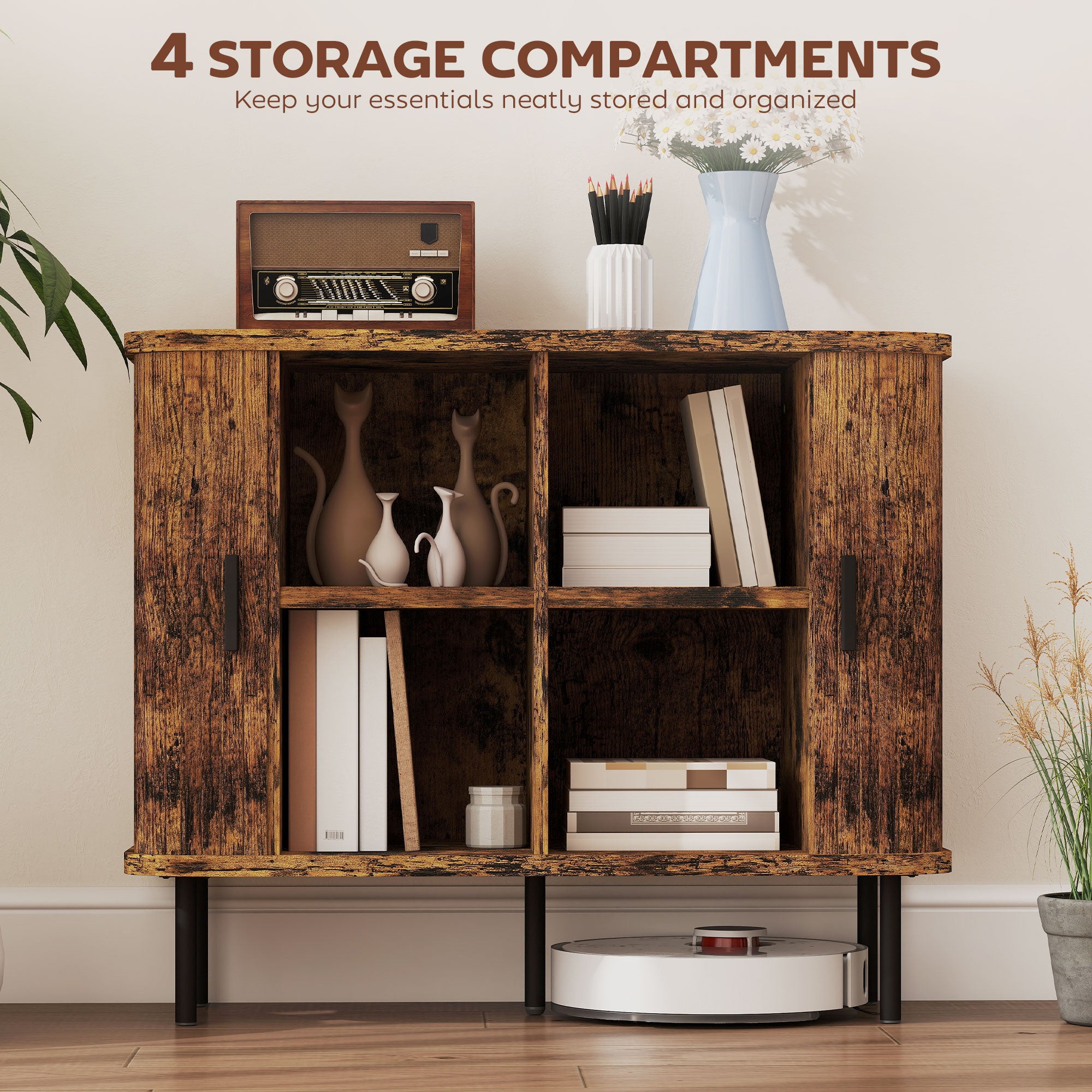 HOMCOM Mid-Century Modern Sideboard Storage Cabinet with Slatted Tambour Sliding Doors, Kitchen Cabinet with Steel Legs, Rustic Brown