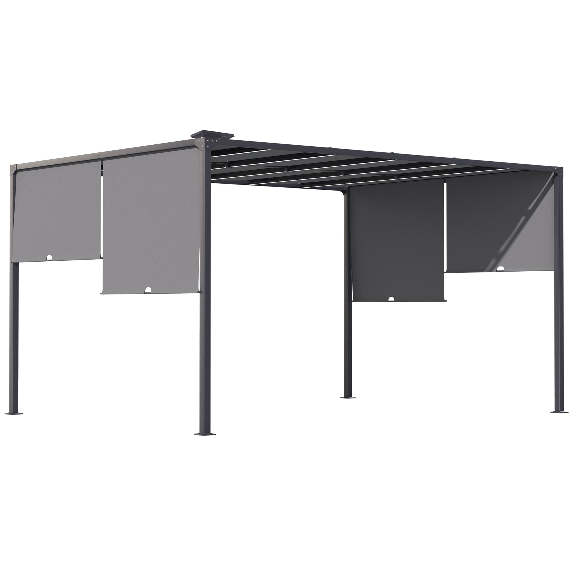 Outsunny 3(m) x 4m Metal Pergola with LED Lights, Outdoor Garden Pergola with Sliding Roof, Solar Powered, for BBQ,\'c2\'a0Lawn, Dark Grey