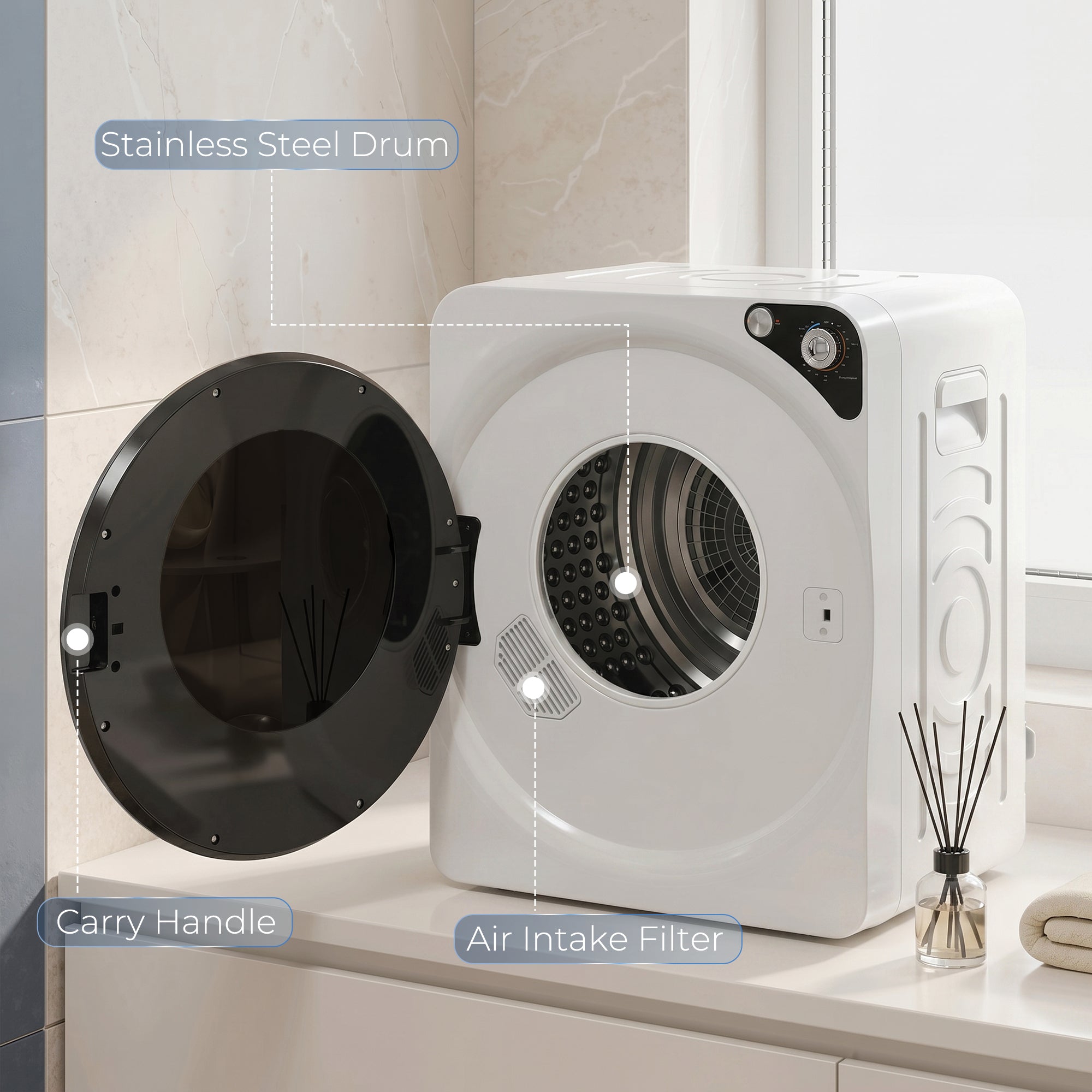 HOMCOM 5kg Vented Tumble Dryer, 1000W Compact Tumble Dryer with 5 Drying Modes, Stainless Steel Tub, White