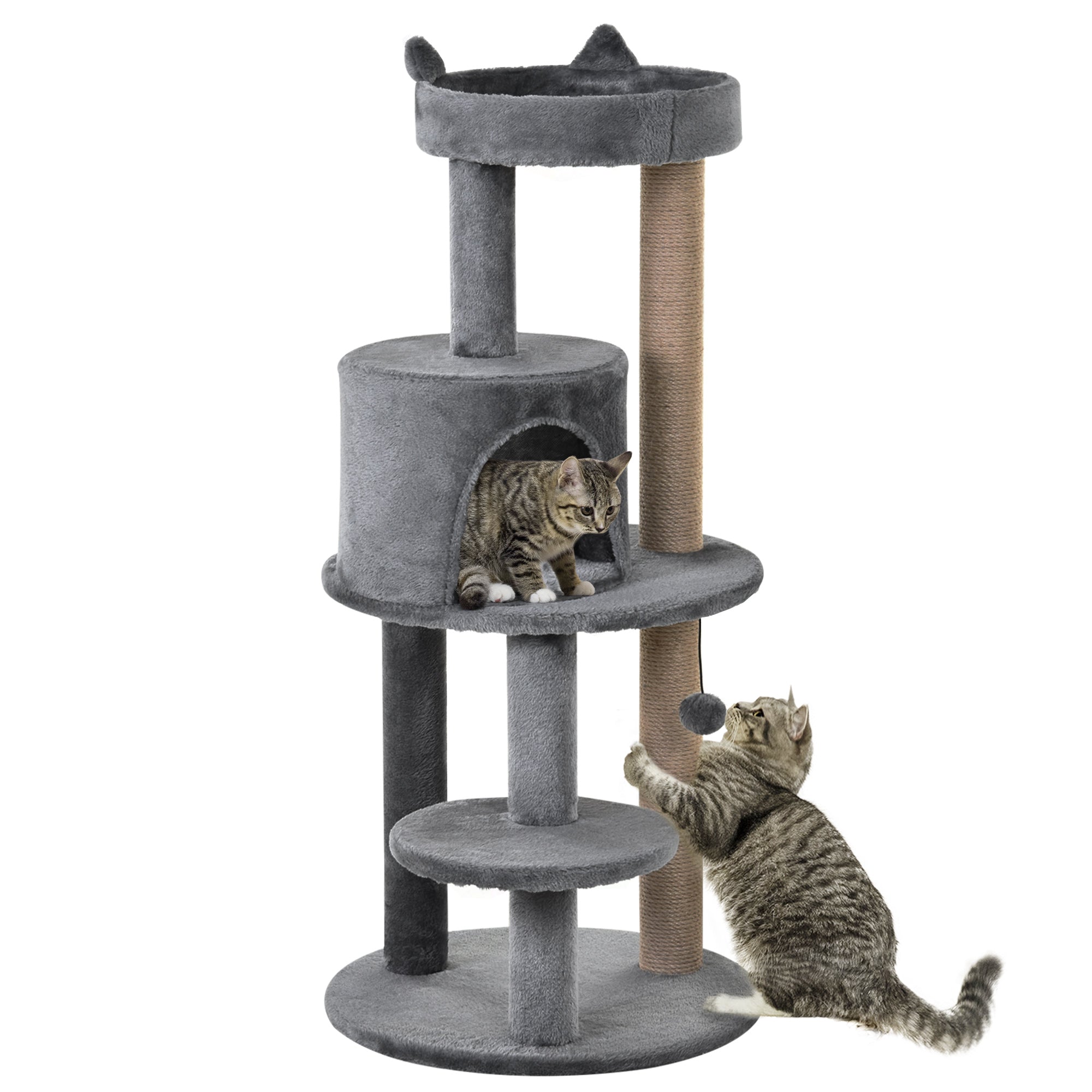 PawHut 104 cm Cat Tree, Cat Condo Tree Tower, Cat Activity Centre with Scratching Posts, Plush Perch, Hanging Ball - Grey