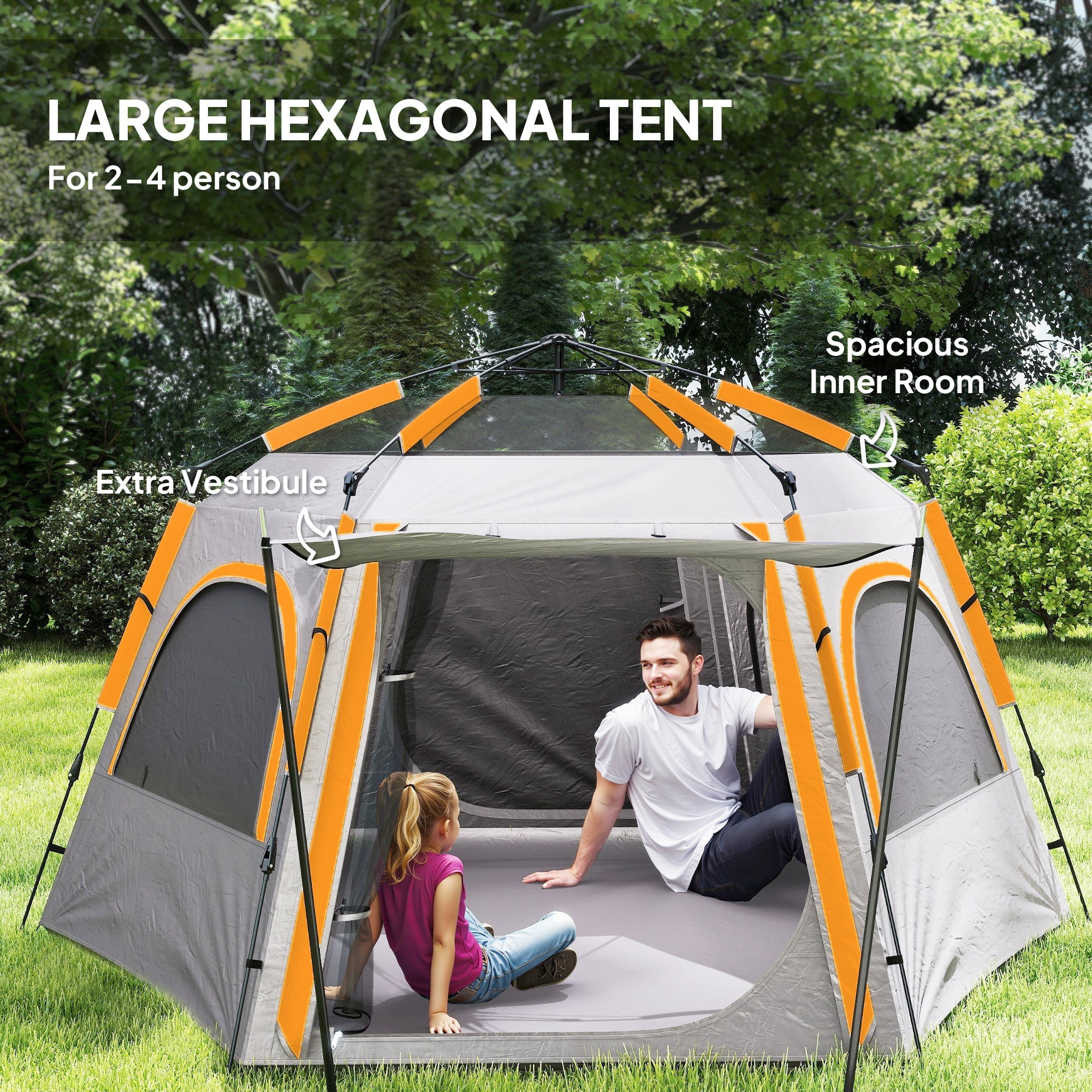 Outsunny Instant Camping Tent, 2/3/4 Person Easy Setup Family Tent with Vestibule, Rainfly, 4 Mesh Windows & 2 Doors, Hexagonal Design, Waterproof UV Protected Dome Tent, Light Grey