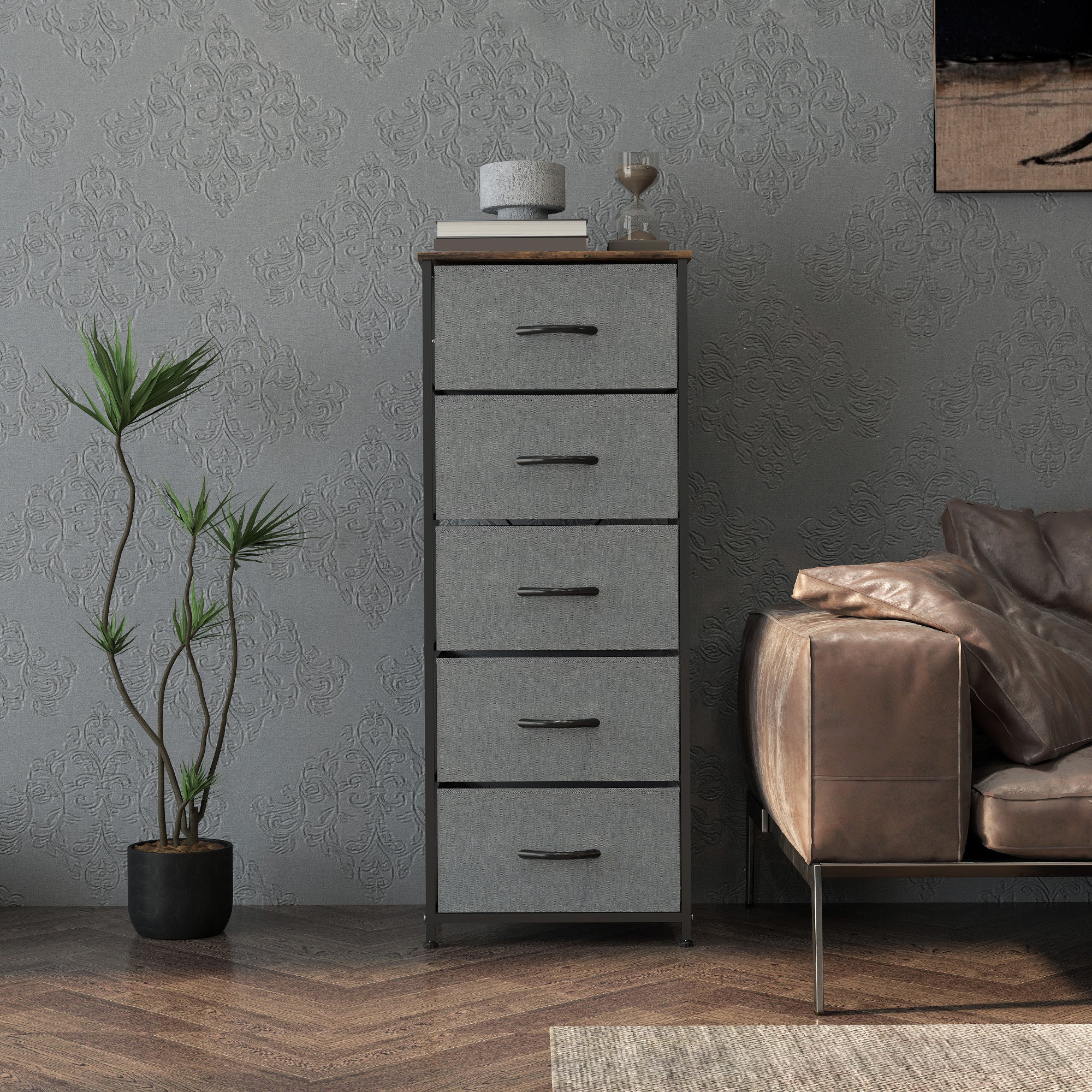 HOMCOM Fabric Chest of Drawers, Industrial Bedroom Dresser with 5 Fabric Drawers, Steel Frame and Wooden Top for Nursery, Living Room, Hallway, Rustic Brown and Grey