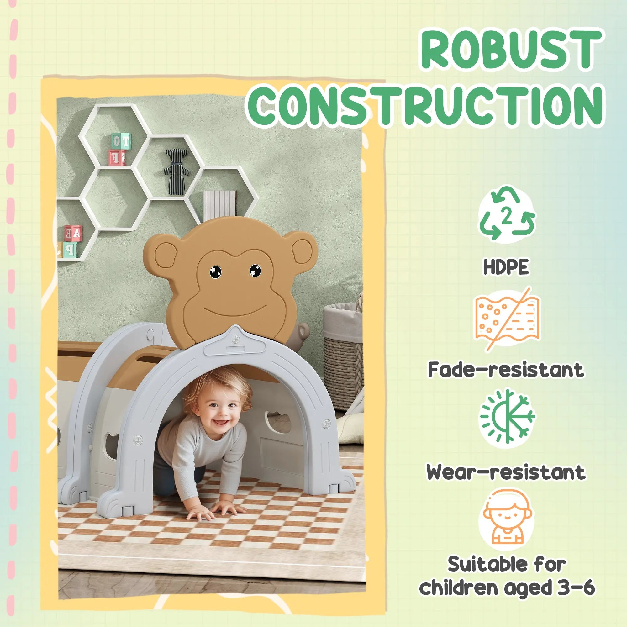 AIYAPLAY Monkey Design Kids Play Tunnel for Crawl and Climb, for 3-6 Years, Brown