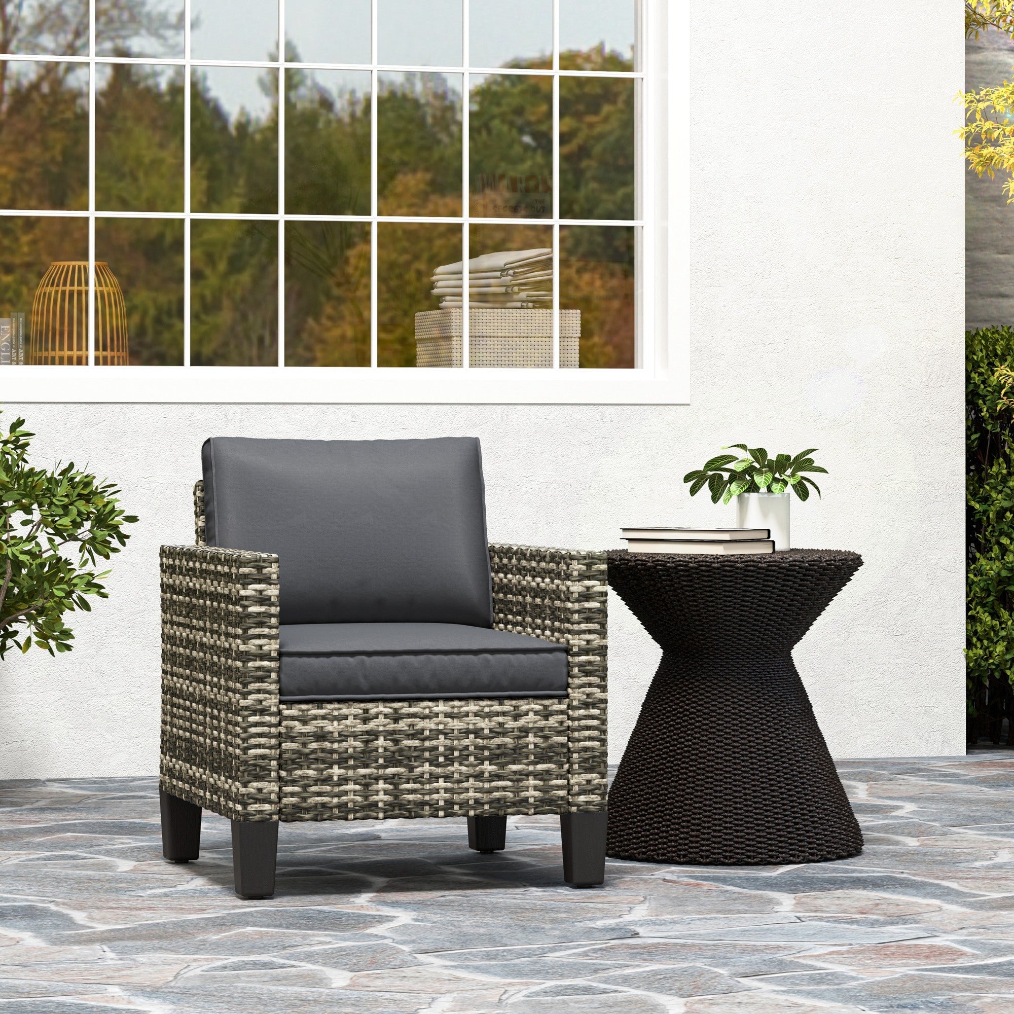 Outsunny Single Rattan Armchair, with Cushions - Light Grey