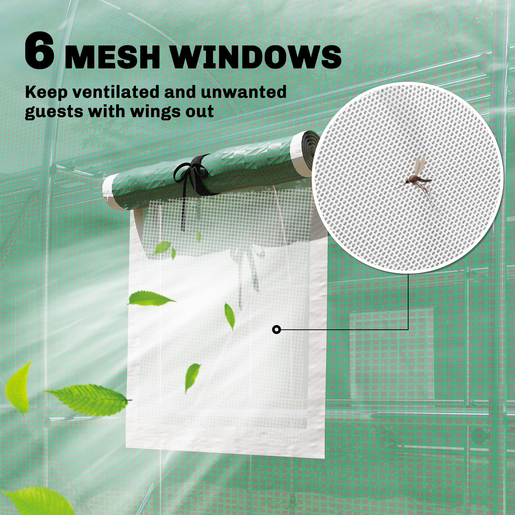 Outsunny Walk-in Greenhouse with Shelves, Polytunnel Greenhouse with Roll-Up Door, 6 Mesh Windows,198 x 275 x 191 cm, Green