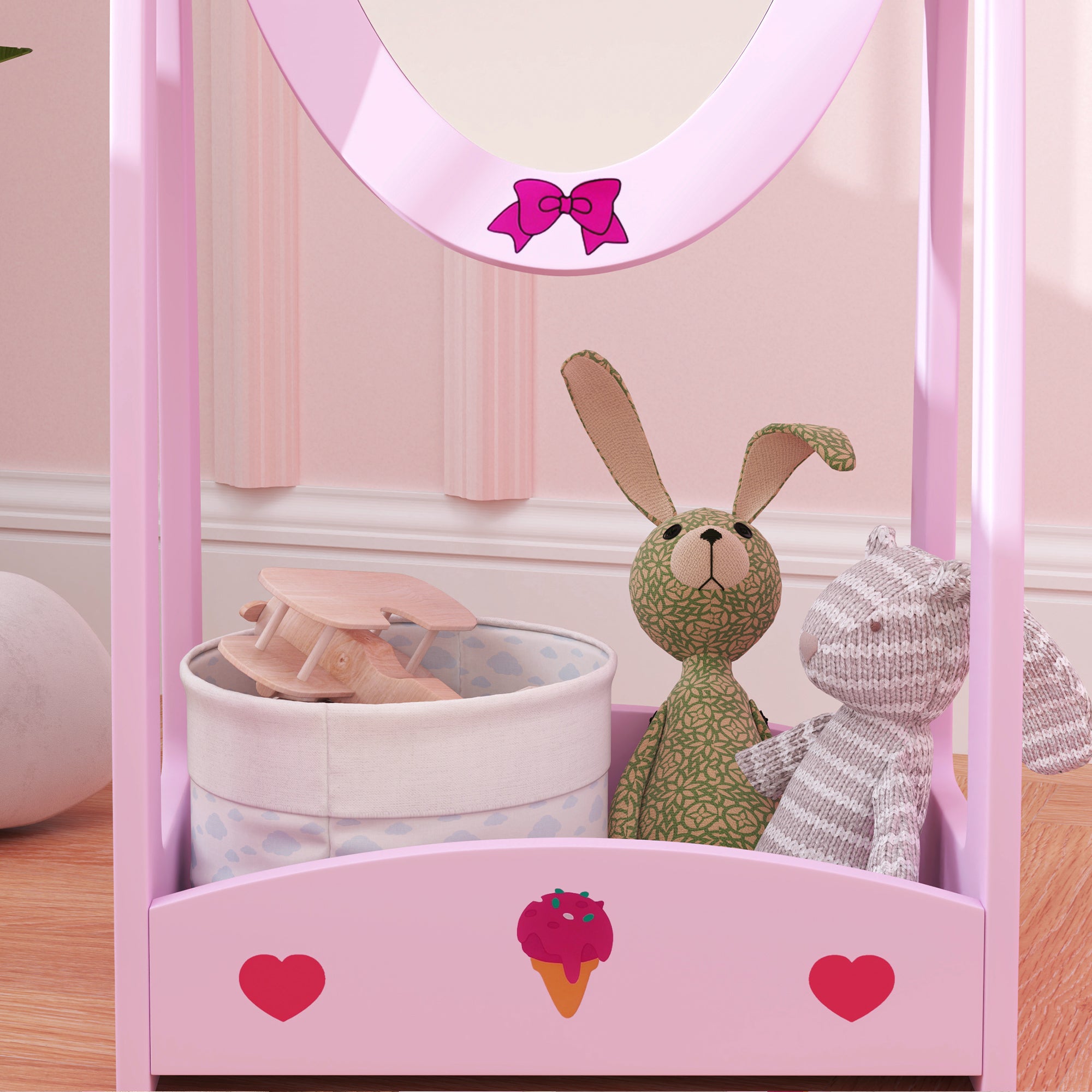 AIYAPLAY Kids Full Length Mirror, 360\'c2\'b0 Rotating Children Standing Mirror with Storage Shelf, Hot Pink