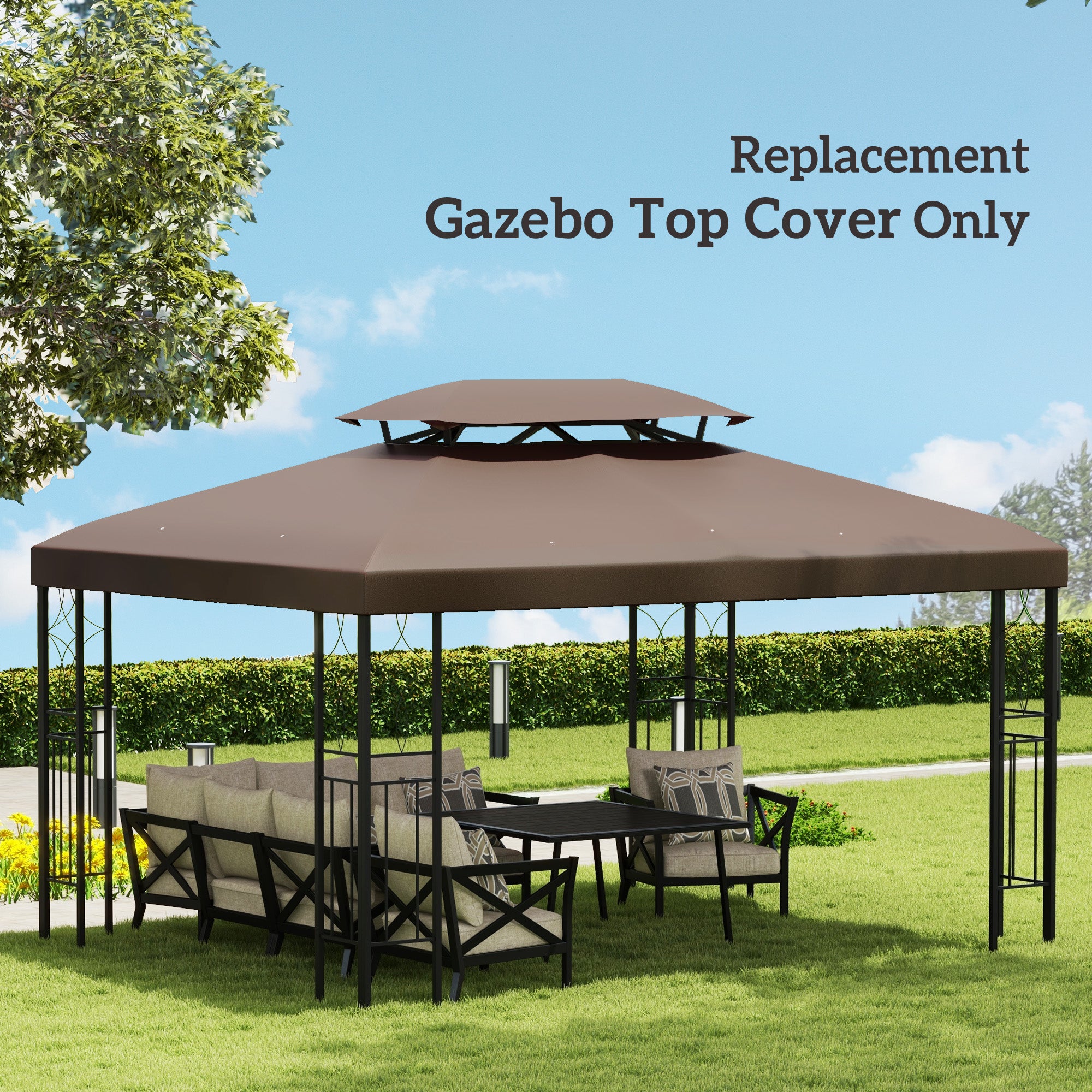 Outsunny 3x4m Gazebo Canopy Replacement Cover, 2 Tier Top Roof UV Cover Garden Patio Outdoor Sun Awning Shelters, Brown (TOP COVER ONLY)