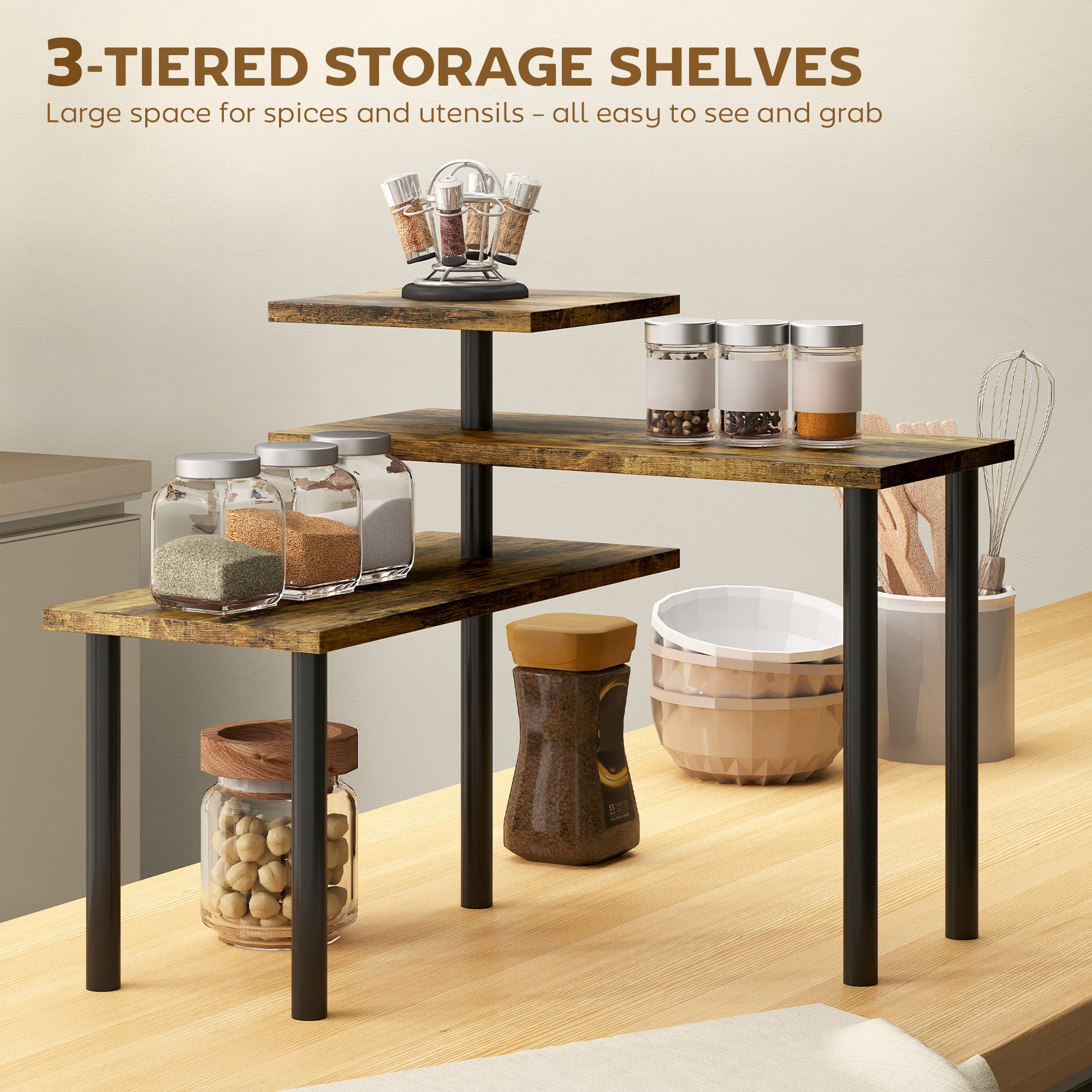HOMCOM 3-Tier Kitchen Countertop Organiser, Adjustable Spice Rack, Corner Shelf for Kitchen, Coffee Bar, Bathroom, Rustic Brown