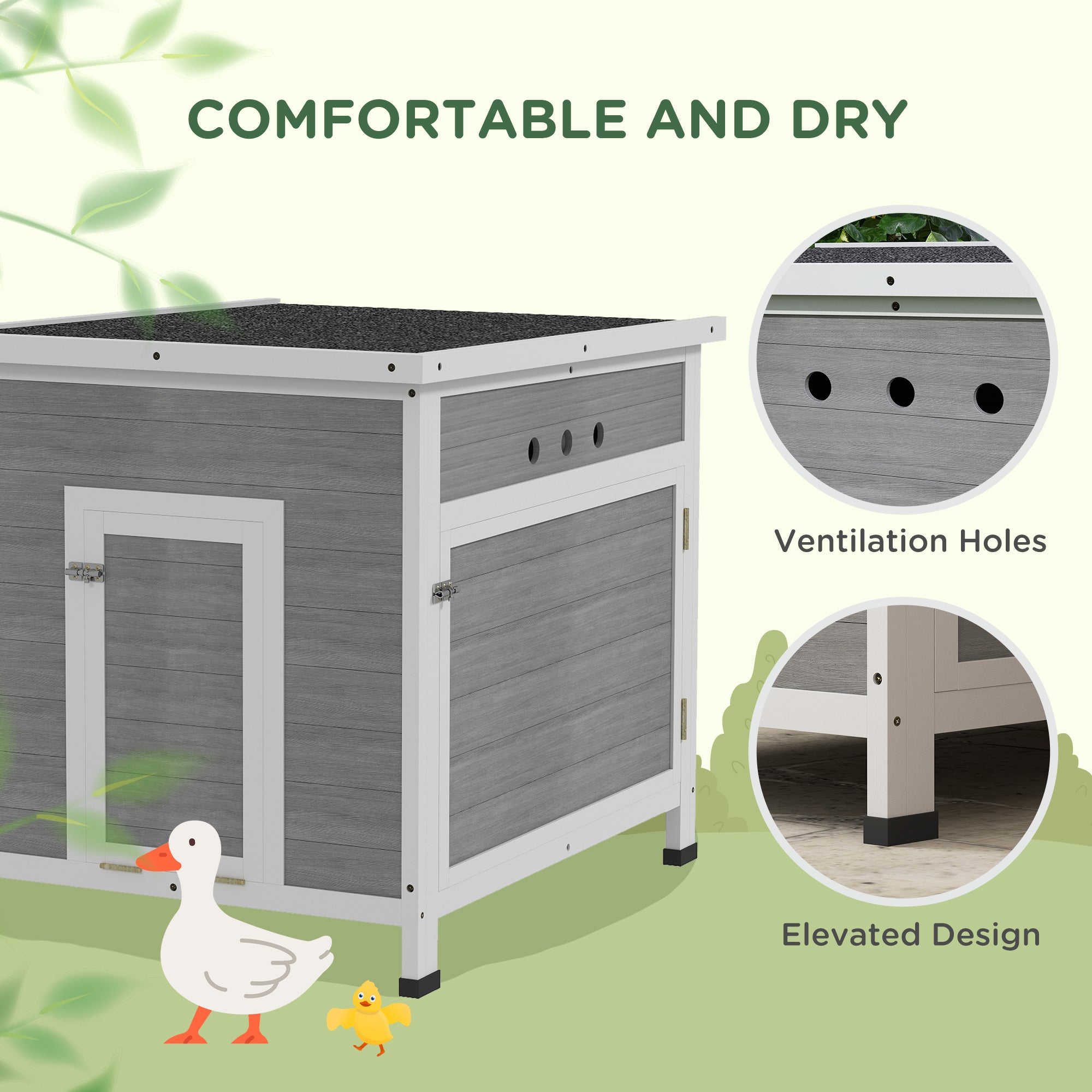 PawHut Wooden Duck House with Ramp, Double Doors, Openable Asphalt Roof, Ventilation Holes, Removable Base, Light Grey