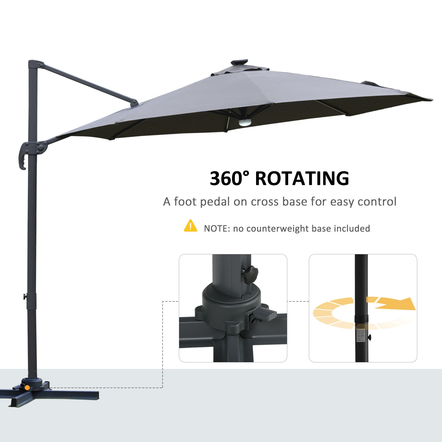 Outsunny 3(m) LED Cantilever Parasol Outdoor Sun Umbrella w/ Base Solar Lights Grey