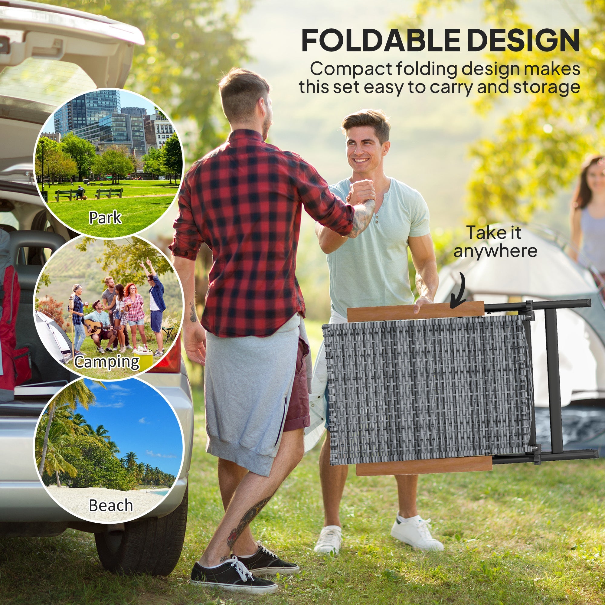 Outsunny 2 Pieces Outdoor Foldable Dining Chair with Armrests, High Backrest, for Garden, Camping, Balcony, Light Grey