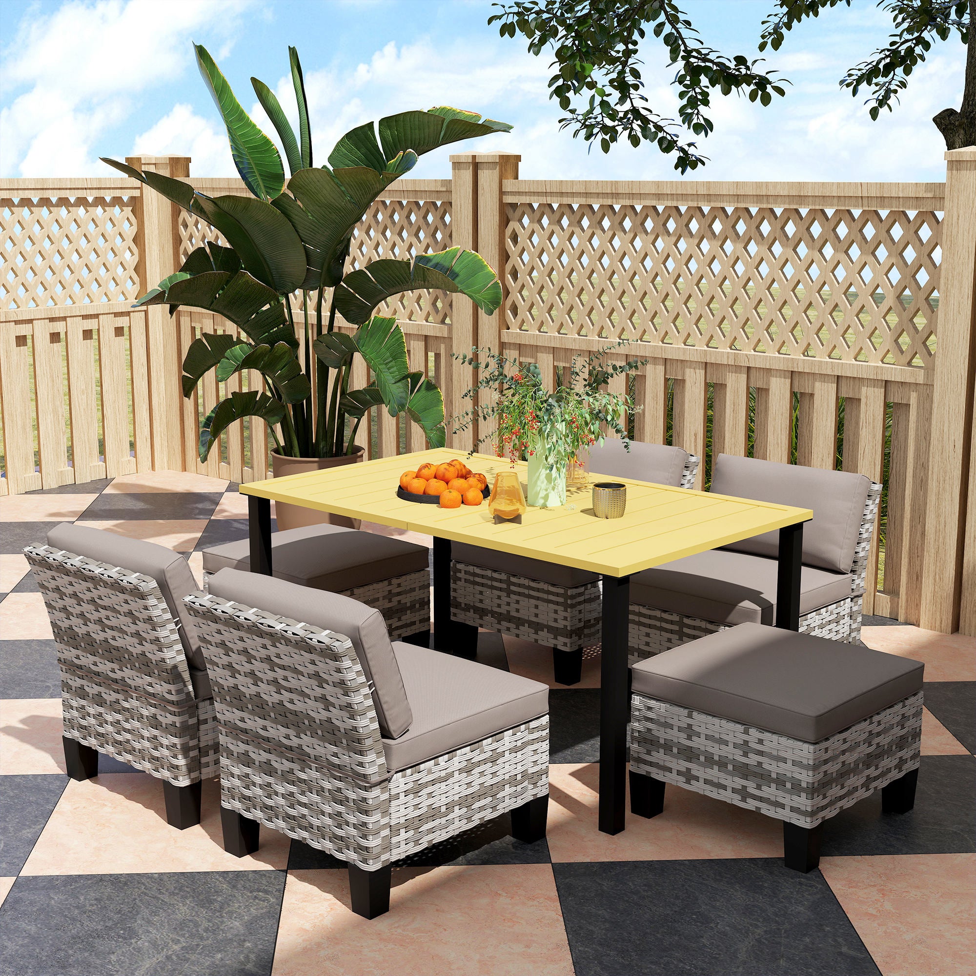 Outsunny 7-Piece Rattan Garden Dining Set, 6 Seater Wicker Garden Furniture Set with Seat and Back Cushions, Umbrella Hole, Patio Table and Chairs with Slatted Metal Top Table for Balcony, Grey