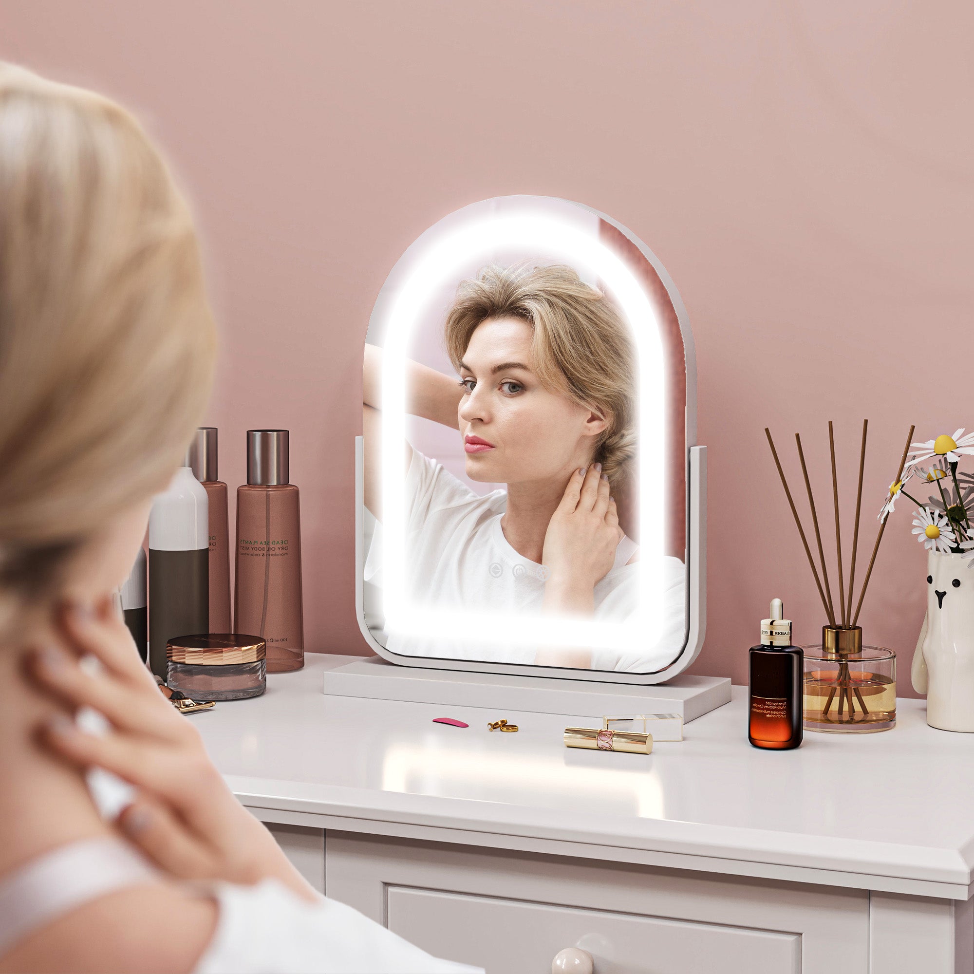 HOMCOM LED Vanity Mirror with Lights, 33 x 44.5cm Lighted Makeup Mirror with 3 Colour, 360\'c2\'b0 Rotation, Touch Screen, for Bedroom and Dressing Room, White