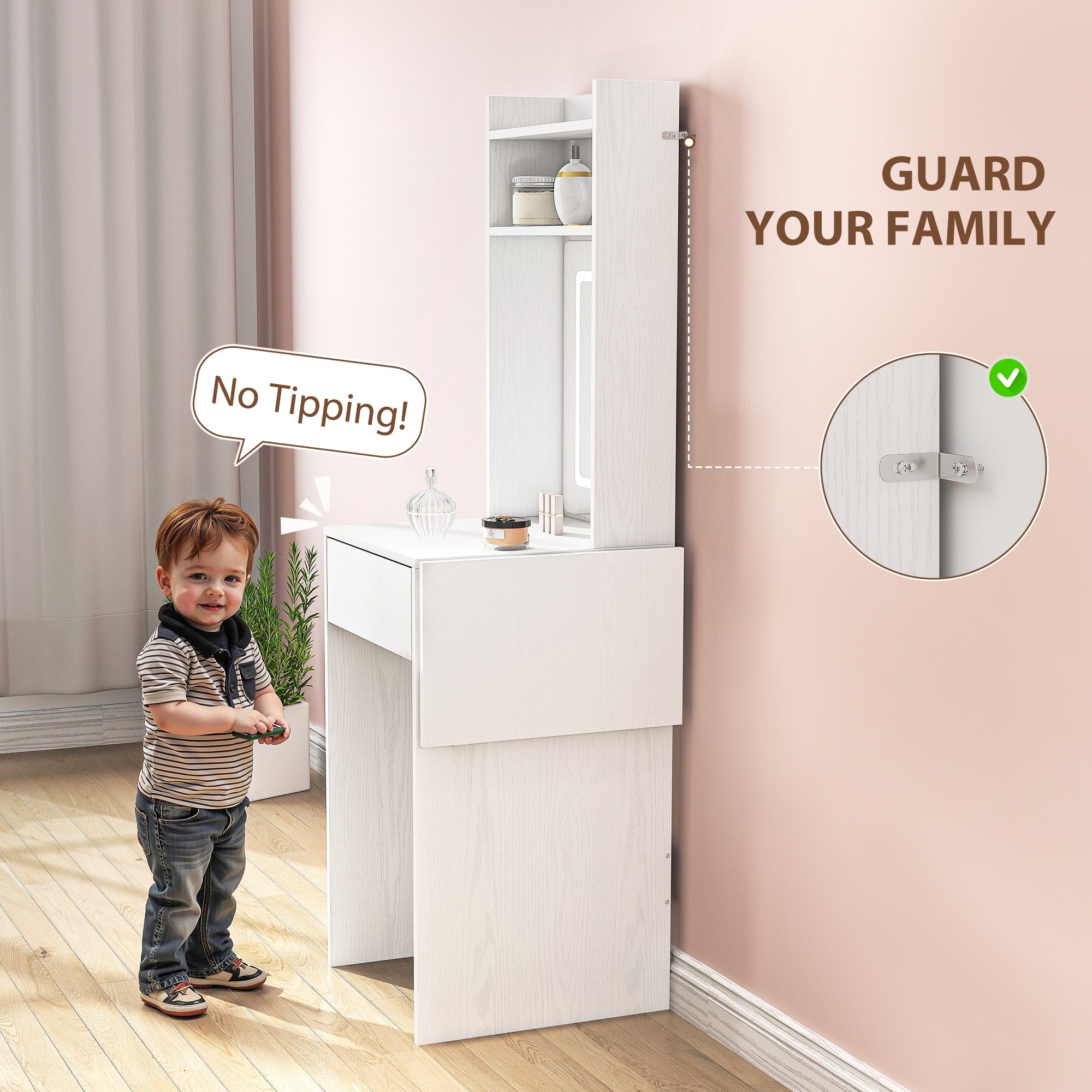 HOMCOM Small Vanity Desk with Mirror and LED Lights, Compact Dressing Table with Drop Leaf, Open Shelves and Drawer, White