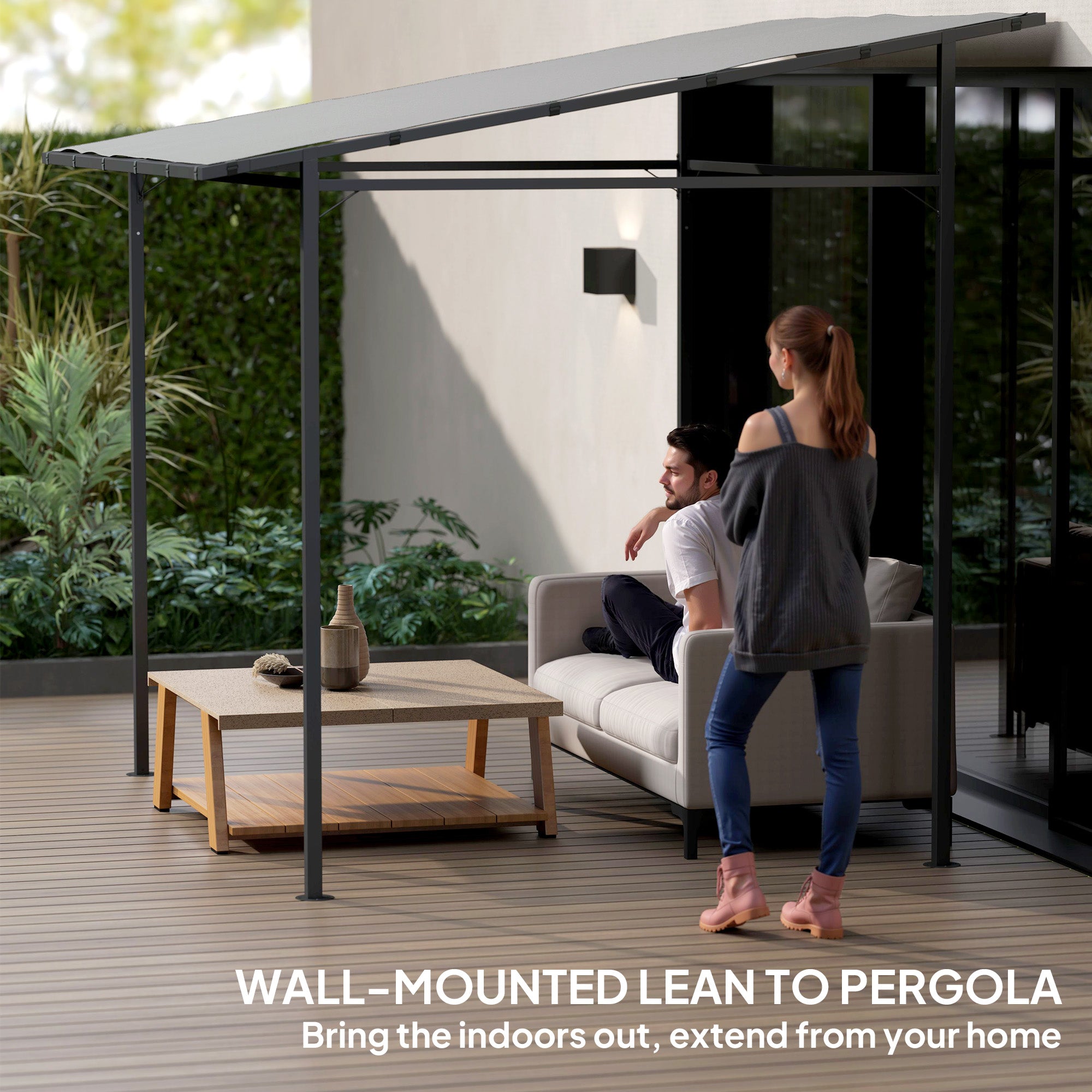 Outsunny 2.4 x 2.4 m Wall Mounted Pergola Gazebo with PA Coating Fabric, Metal Frame, UPF30+, Lean to Garden Gazebo, Light Grey