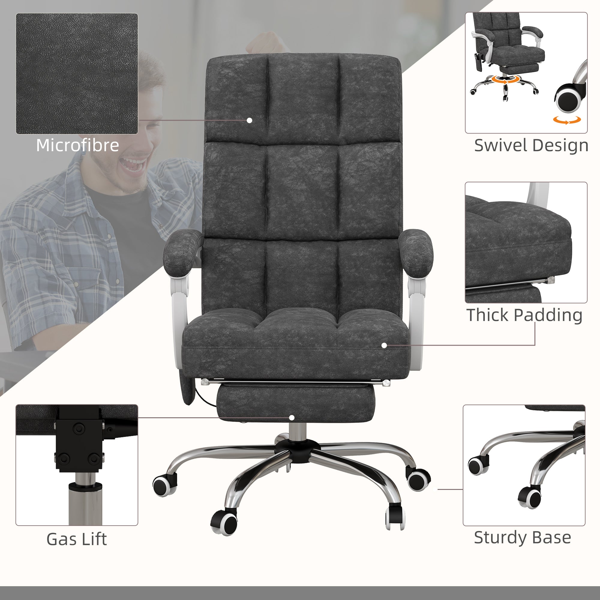 Vinsetto Massage Office Chair, Ergonomic Desk Chair, Comfy Work Study Chair with Heat, Padded Seat, 135\'c2\'b0 Reclining Back and Footrest for Home Office, Charcoal Grey