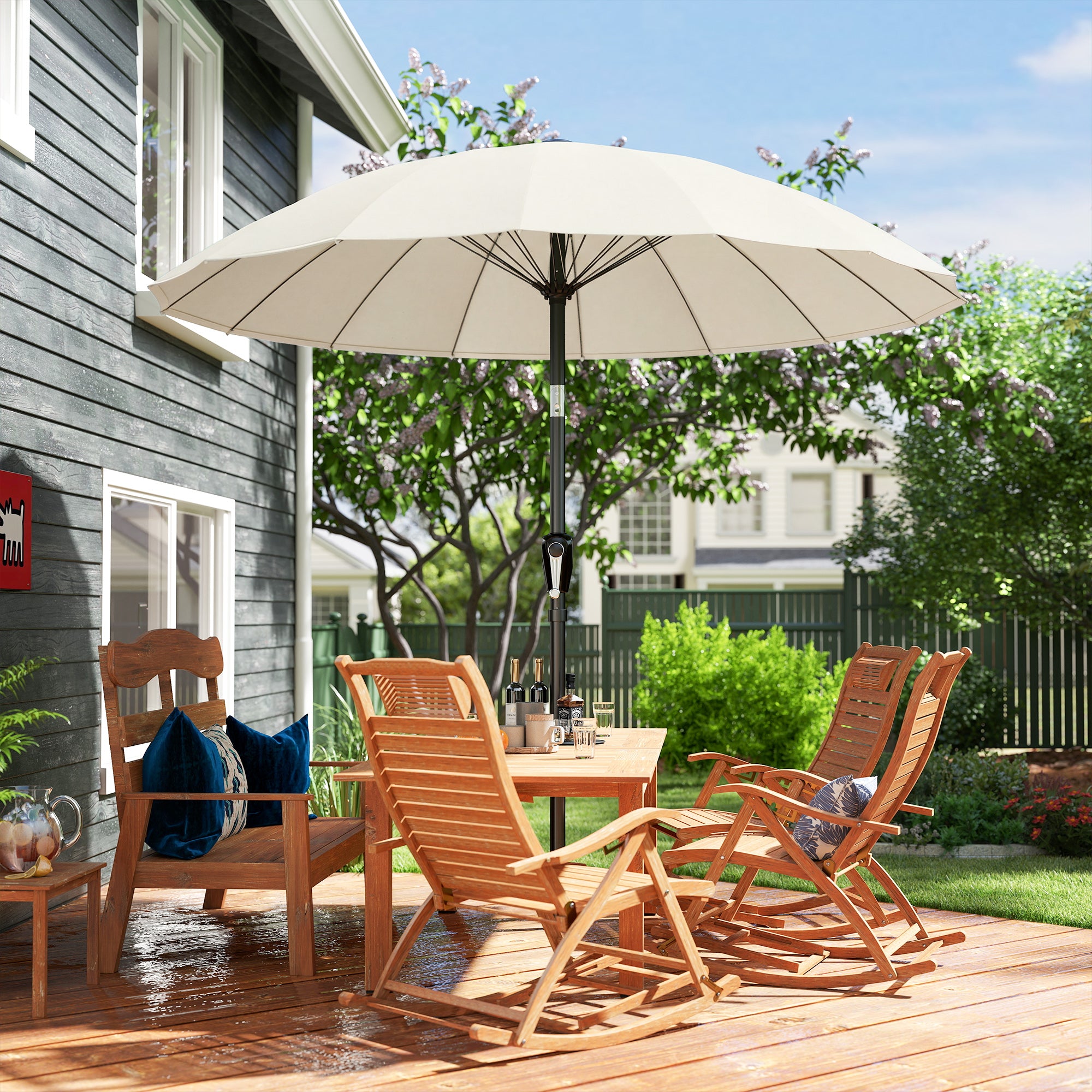 Outsunny 2 m Shanghai Garden Parasol Umbrella with 16 Fibreglass Ribs, Outdoor Parasol Sun Shade with Crank & Tilt, Cream White