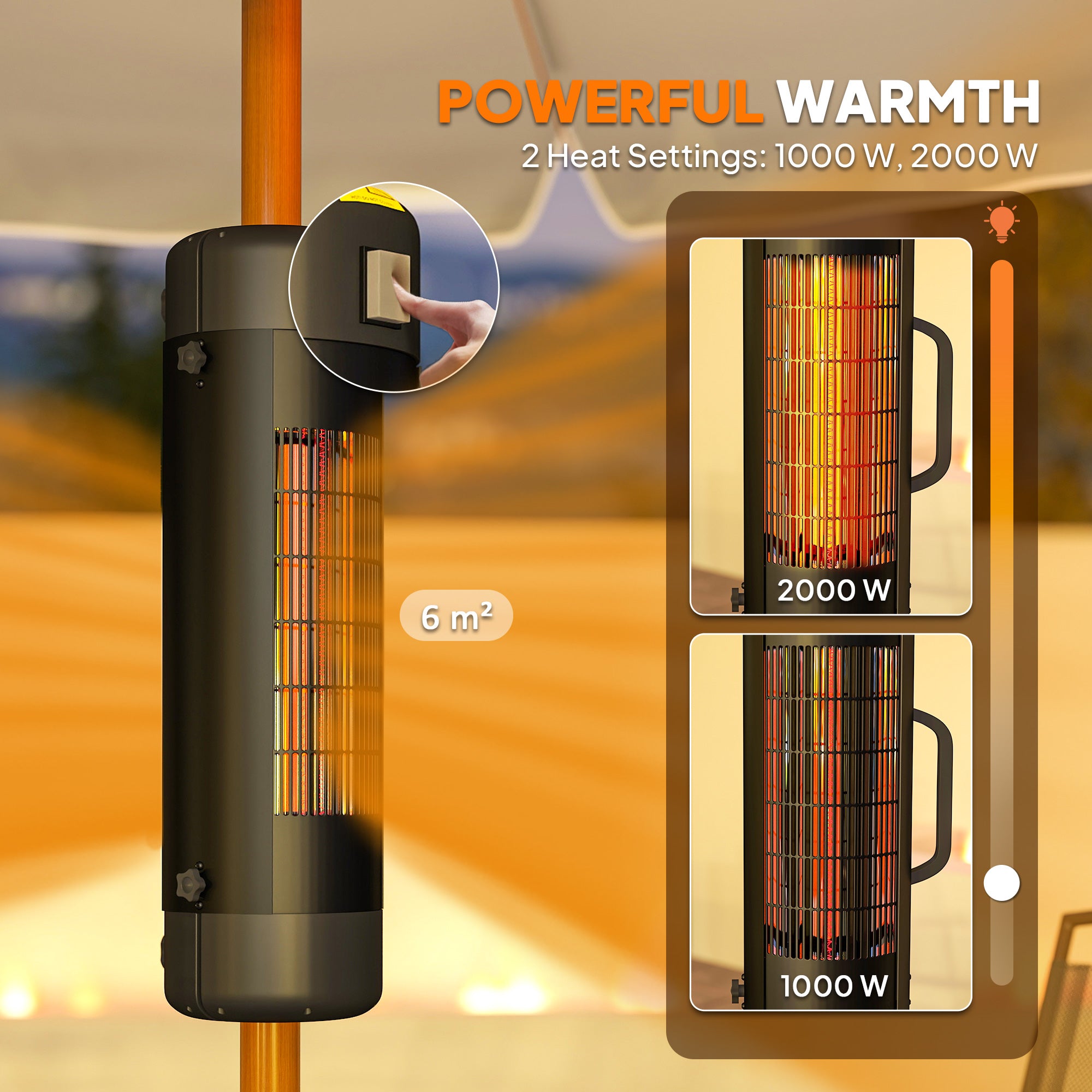 Outsunny Electric Umbrella Parasol Mounted Patio Heater for 25-70 mm Poles, 2000 W Outdoor Garden Heater with 2 Heat Setting, 6 ㎡ Coverage, Tip-Over Protection, Black