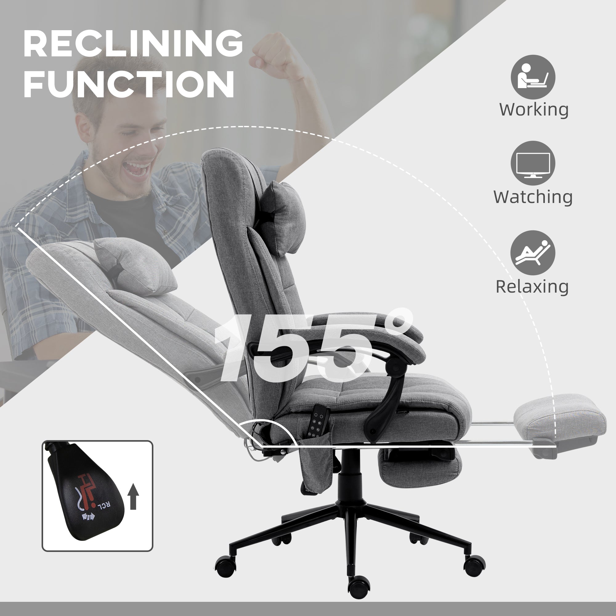 Vinsetto Office Chair, 6 Point Massage Desk Chair, Computer Chair with Footrest & Head Pillow, 360\'c2\'b0 Swivel Recliner Chair for Home Office, Grey
