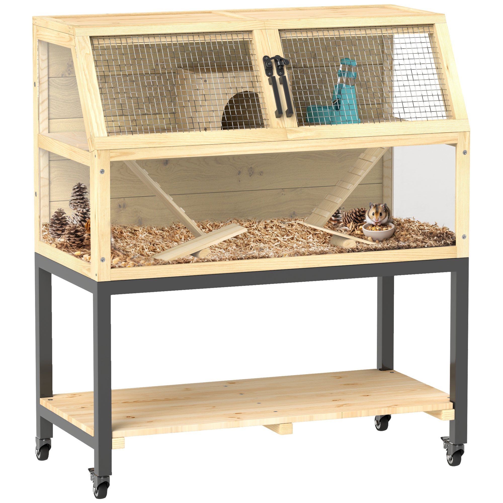 PawHut Wooden Hamster Cage with Storage Shelf, Wheels, Ramps, Water Bottle, Hut, Seesaws