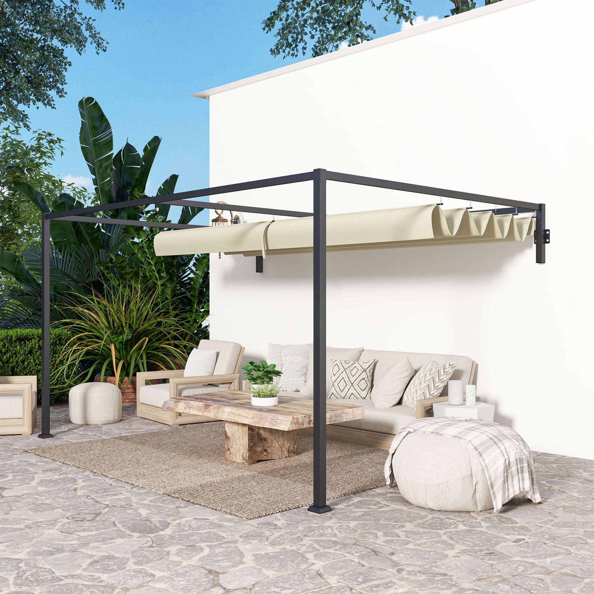 Outsunny 3 x 4m Lean To Steel Pergola, with Moving Fabric Canopy - Khaki