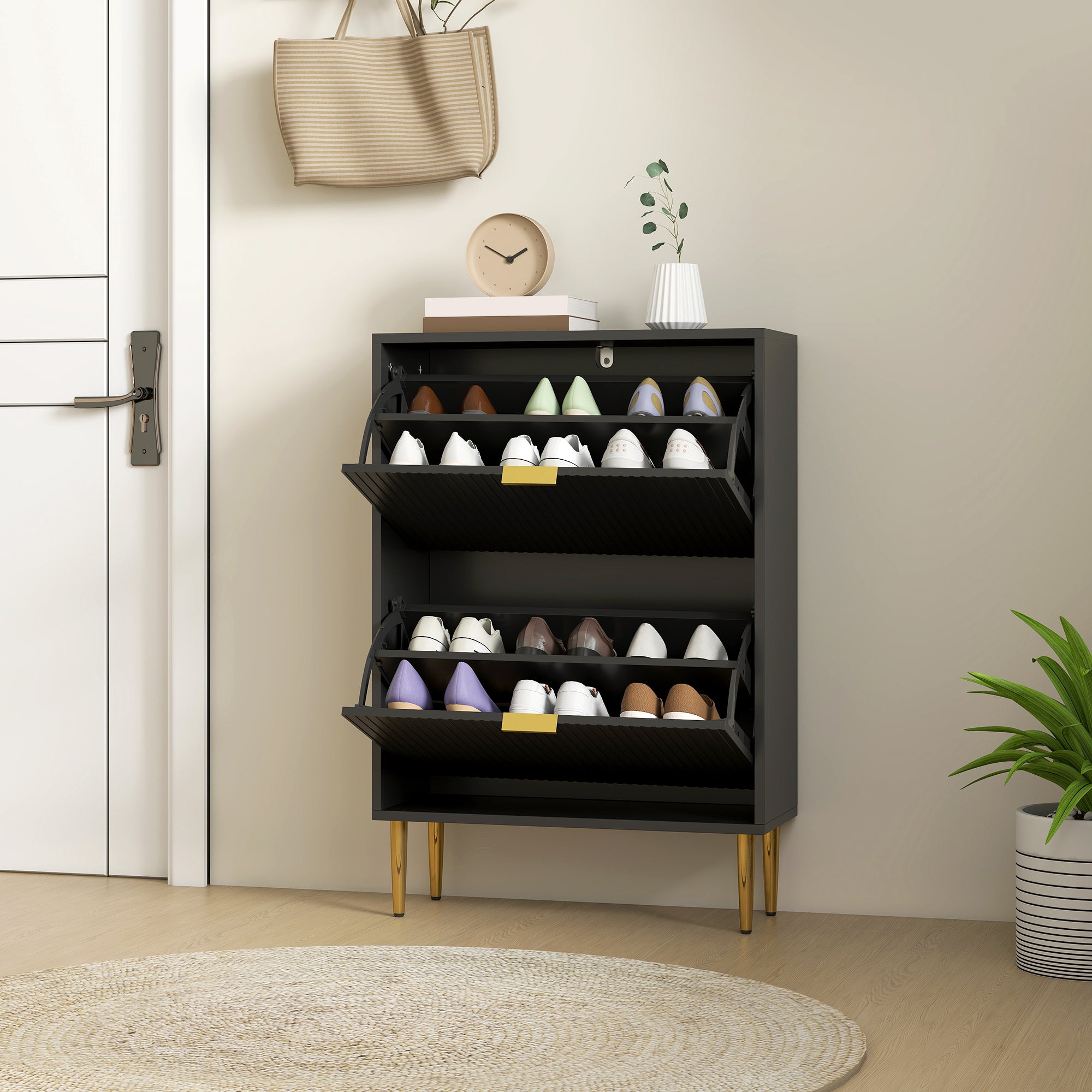 HOMCOM Narrow Shoe Cabinet with 2 Flip Drawers - Black