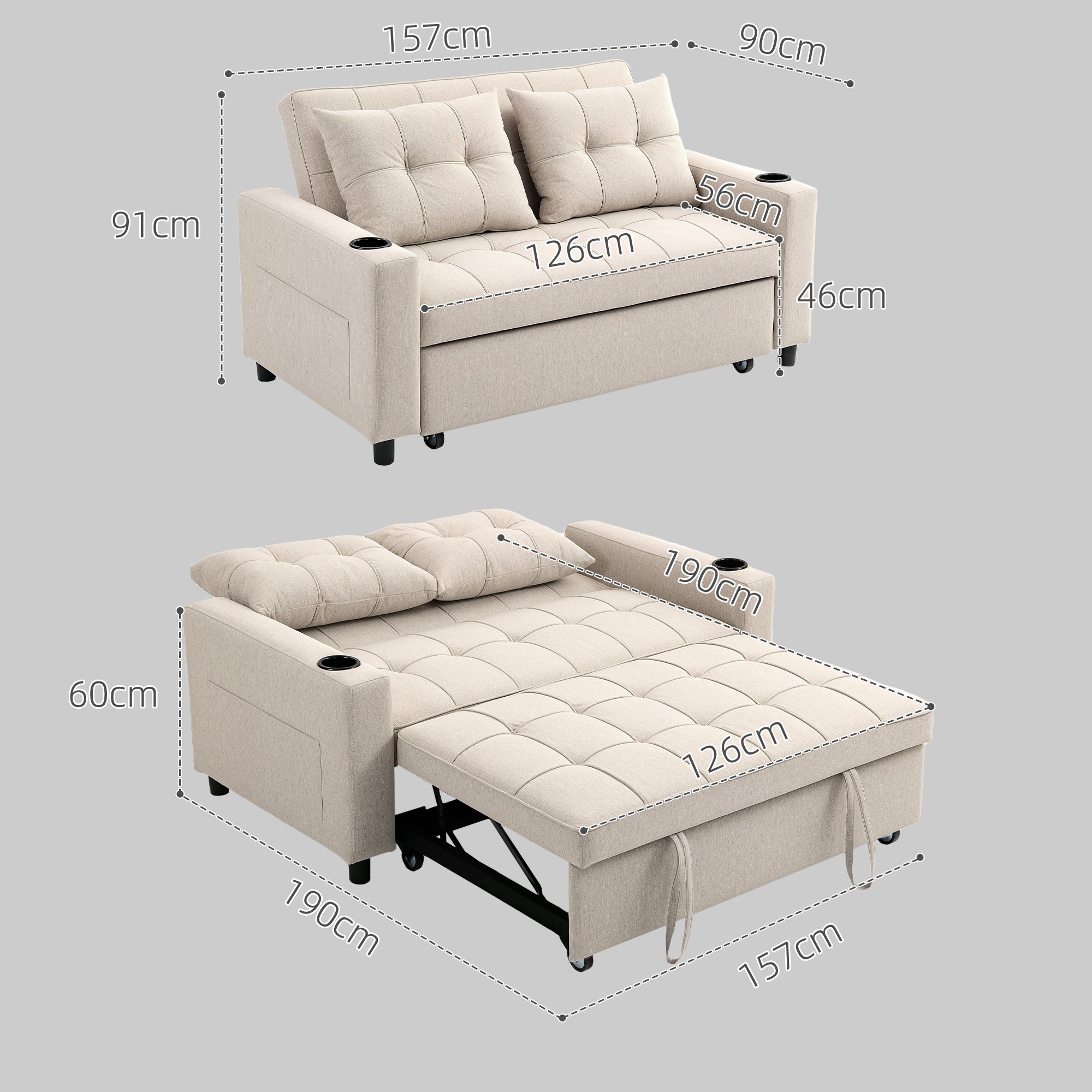 HOMCOM Two-Seater Pull-Out Sofa Bed - Beige