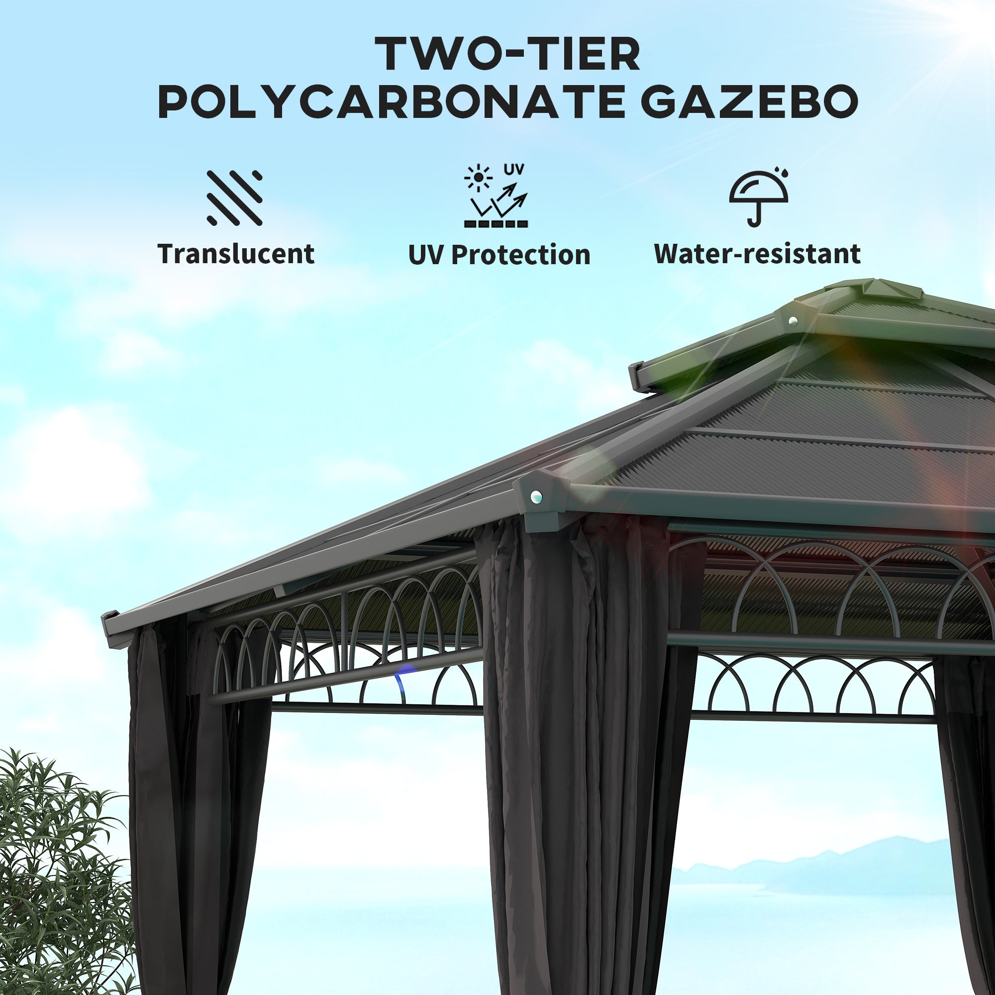 Outsunny 3 x 3 (m) Outdoor Polycarbonate Gazebo, Double\'c2\'a0Roof Hard Top Gazebo with\'c2\'a0Galvanised Steel Frame, Nettings\'c2\'a0&\'c2\'a0Curtains for Garden, Lawn, Patio and Deck, Dark Grey