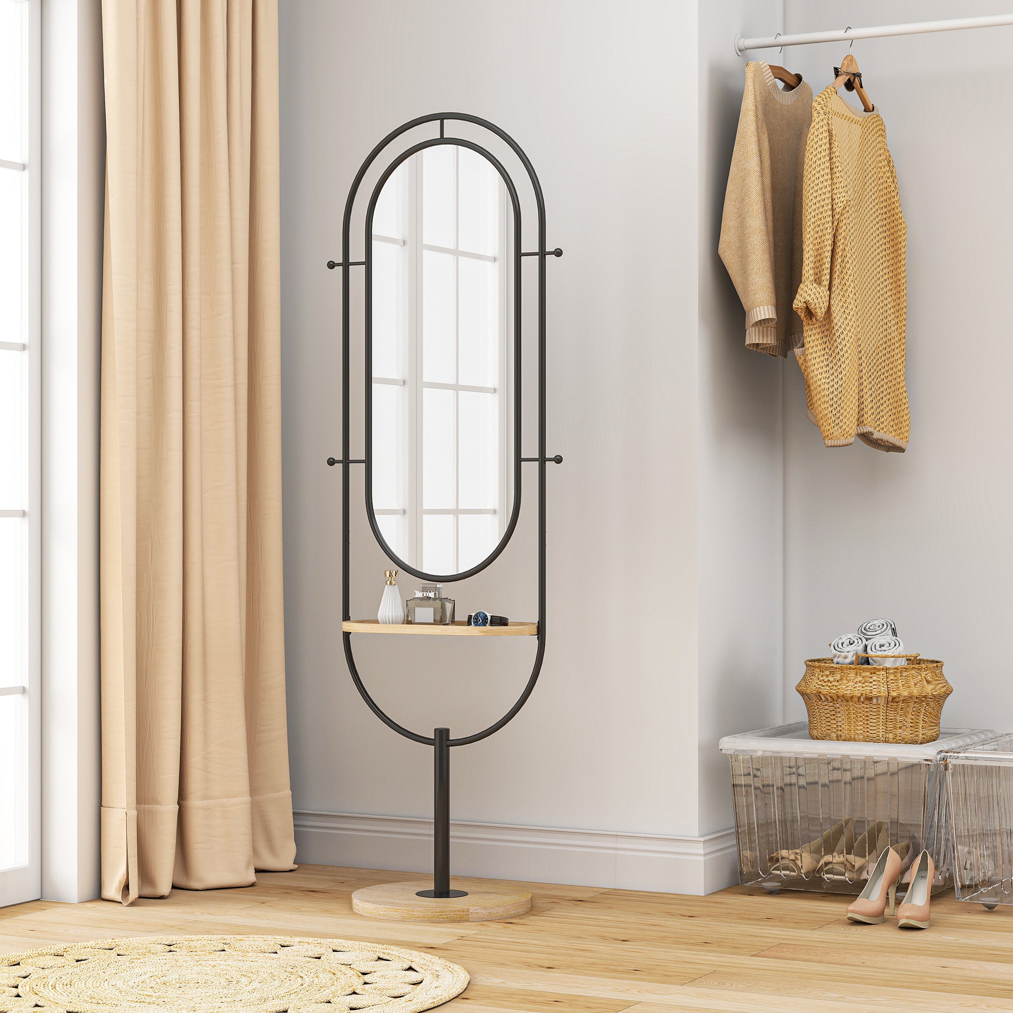 HOMCOM Oval Full Length Mirror with Wooden Tray and 4 Hooks - Black