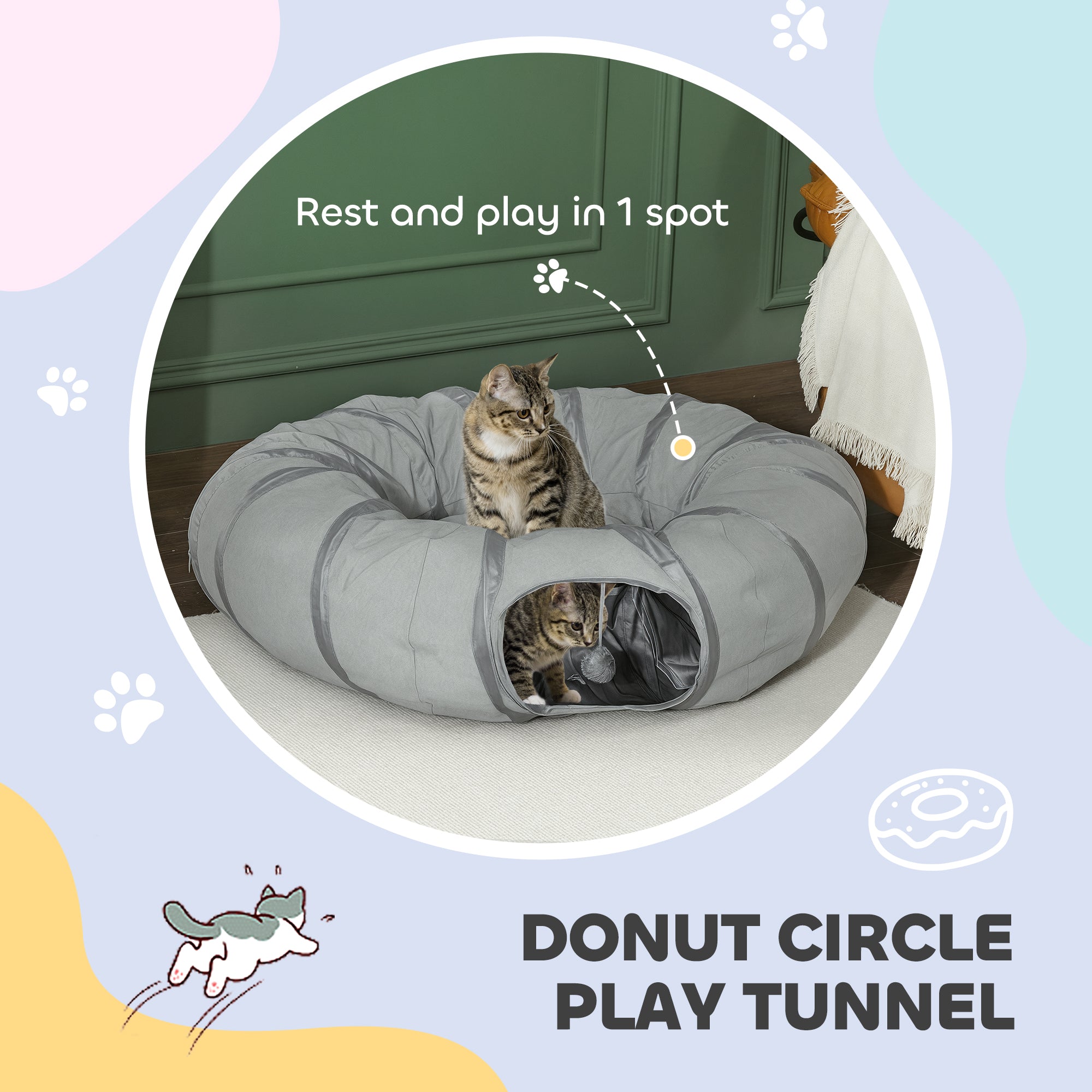 PawHut 2 in 1 Cat Tunnel with Bed, Cat Play Tunnel with Ball & Peek Hole for Indoor Cats, Grey