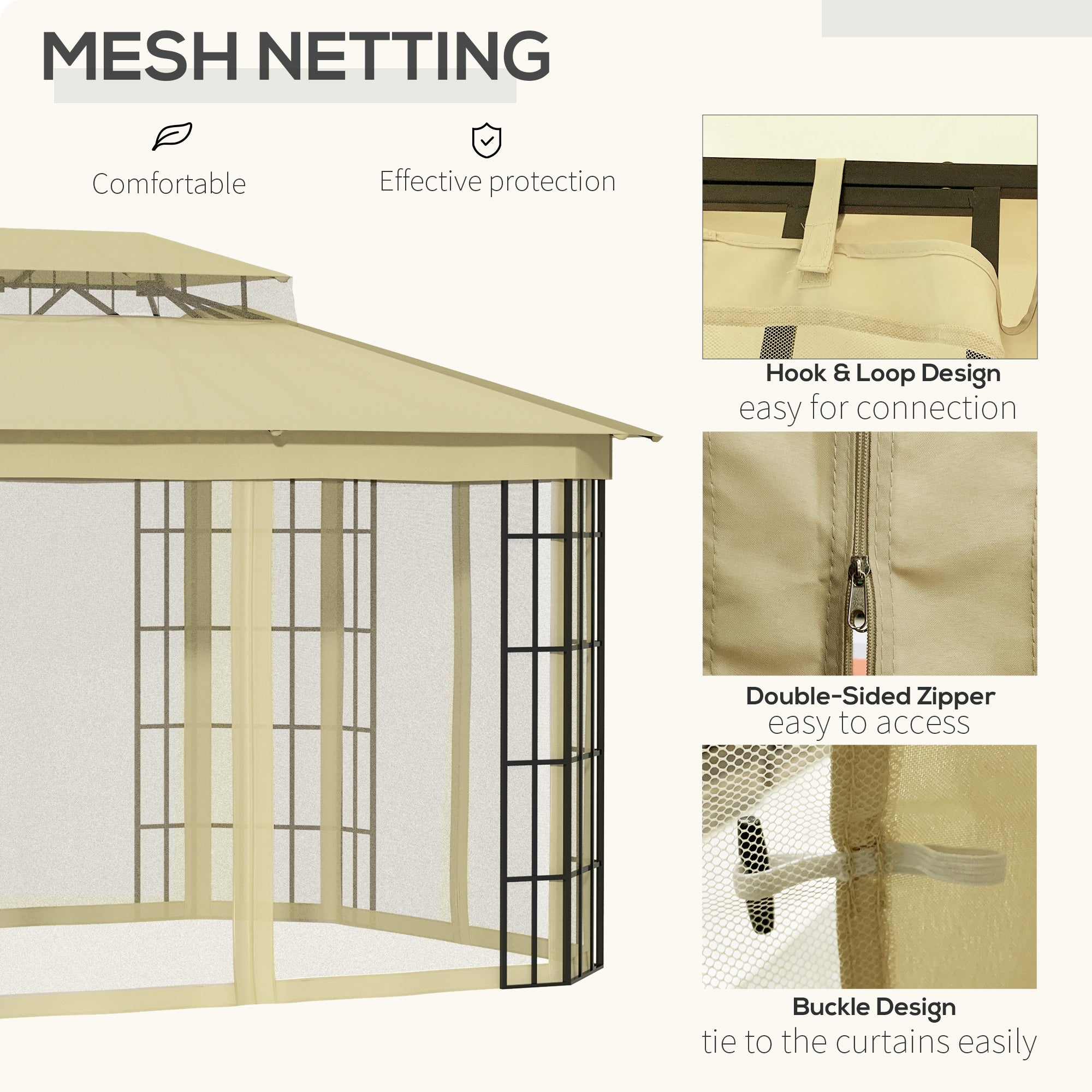 Outsunny 3.7 x 3(m) Patio Gazebo Canopy Garden Tent Shelter with 2 Tiers Roof and Mosquito Netting, Metal Frame, Beige