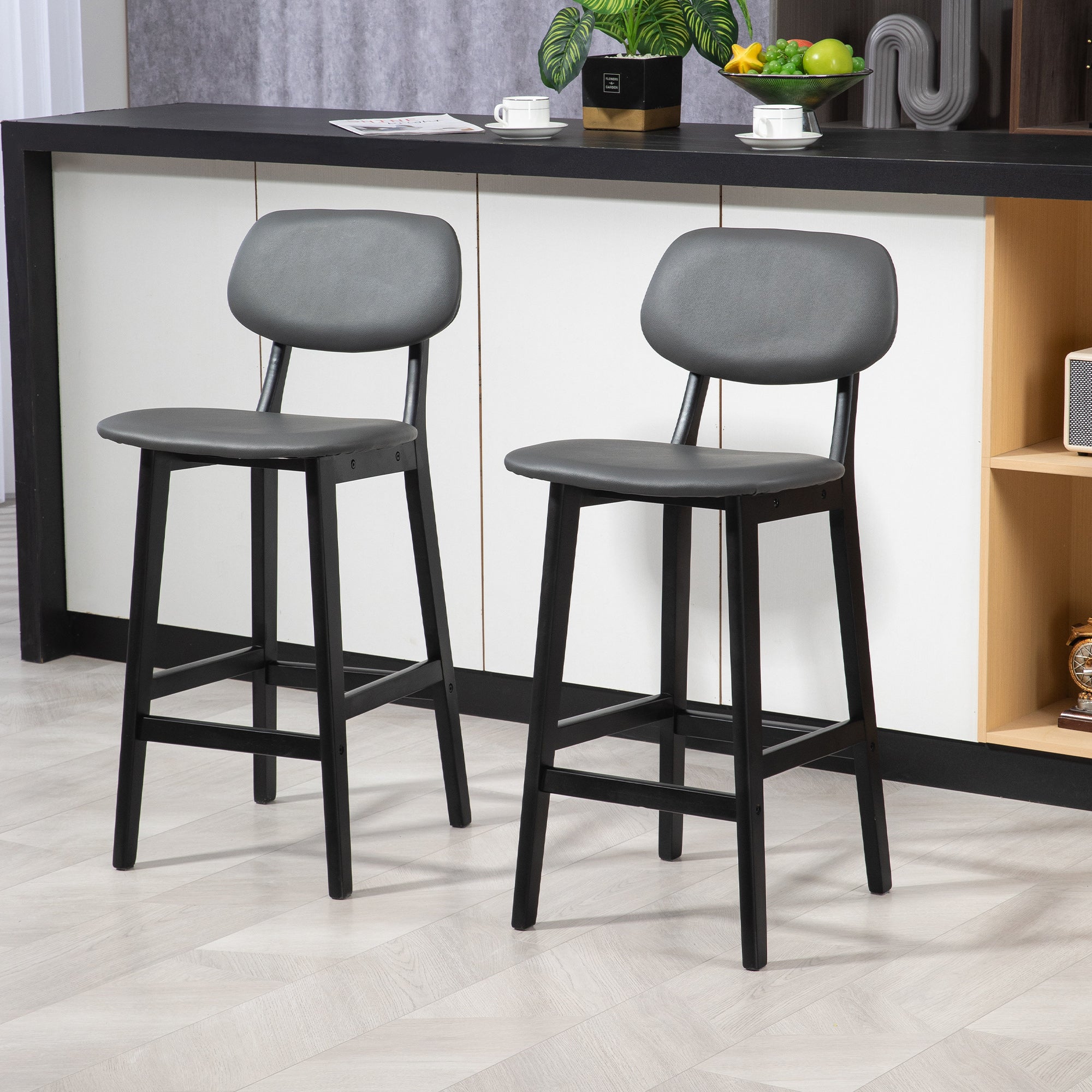HOMCOM Bar Stools Set of 2, Contemporary Breakfast Bar Chairs, Faux Leather Upholstered Kitchen Stools with Backs and Solid Wood Legs, Dark Grey