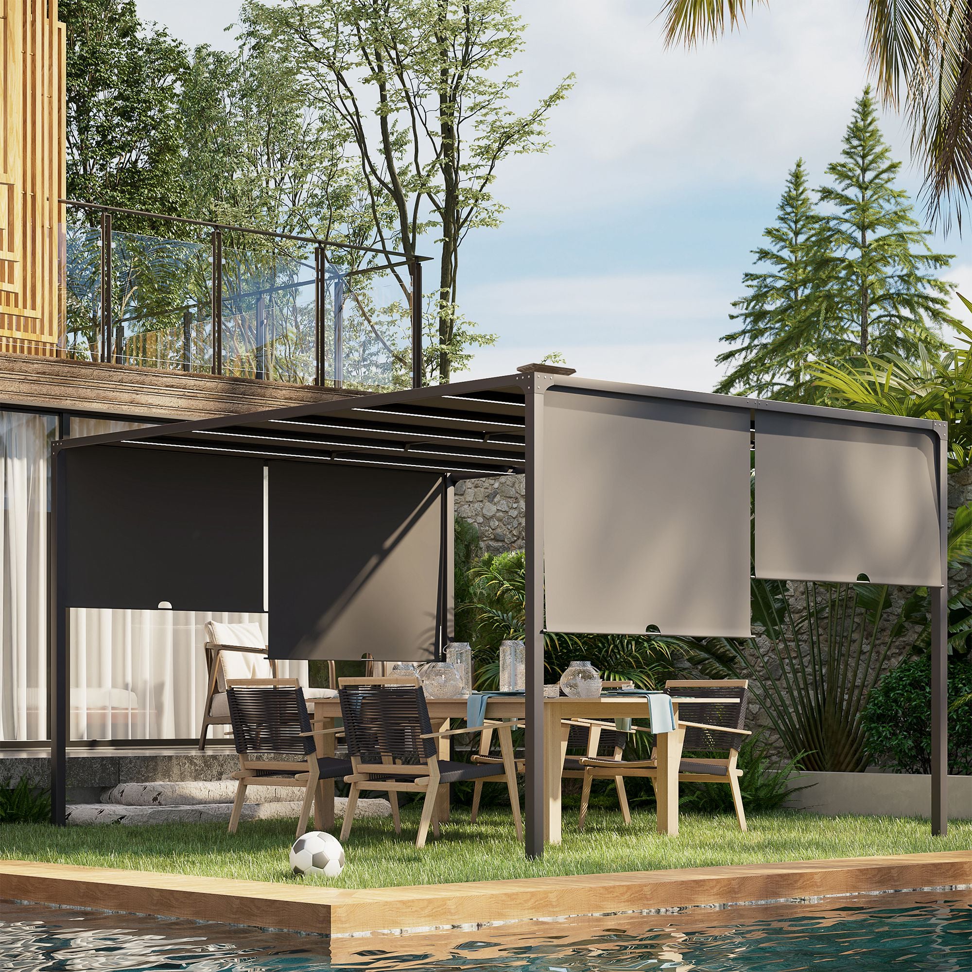 Outsunny 3(m) x 4m Metal Pergola with LED Lights, Outdoor Garden Pergola with Sliding Roof, Solar Powered, for BBQ,\'c2\'a0Lawn, Dark Grey