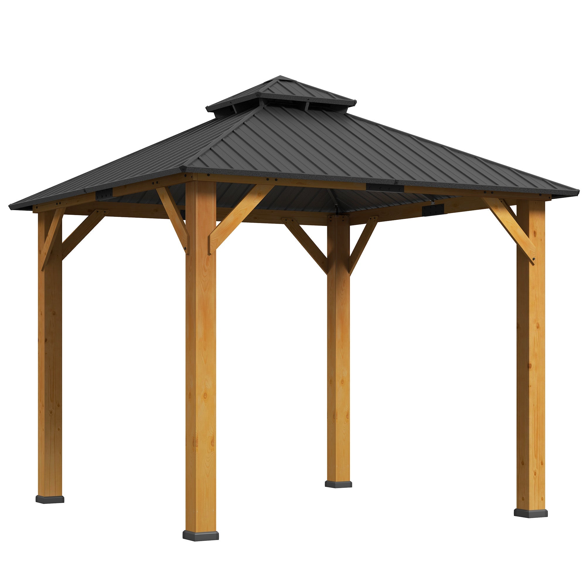 Outsunny 3x(3)M Outdoor Hardtop Gazebo Canopy with 2-Tier Roof and Solid Wood Frame, Outdoor Patio Shelter for Patio, Garden, Grey