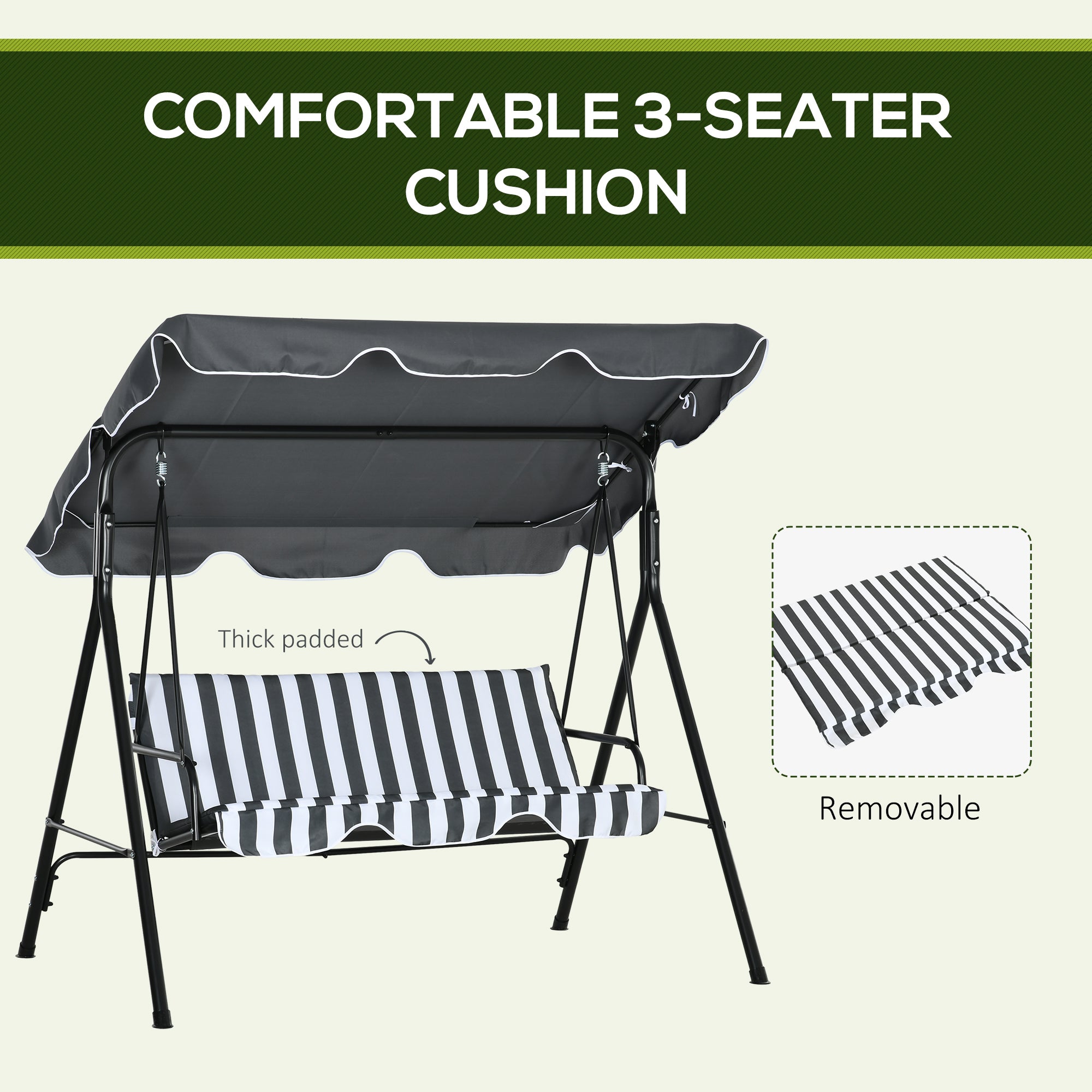 Outsunny Three-Seater Garden Swing Chair, with Adjustable Canopy - Grey Stripe